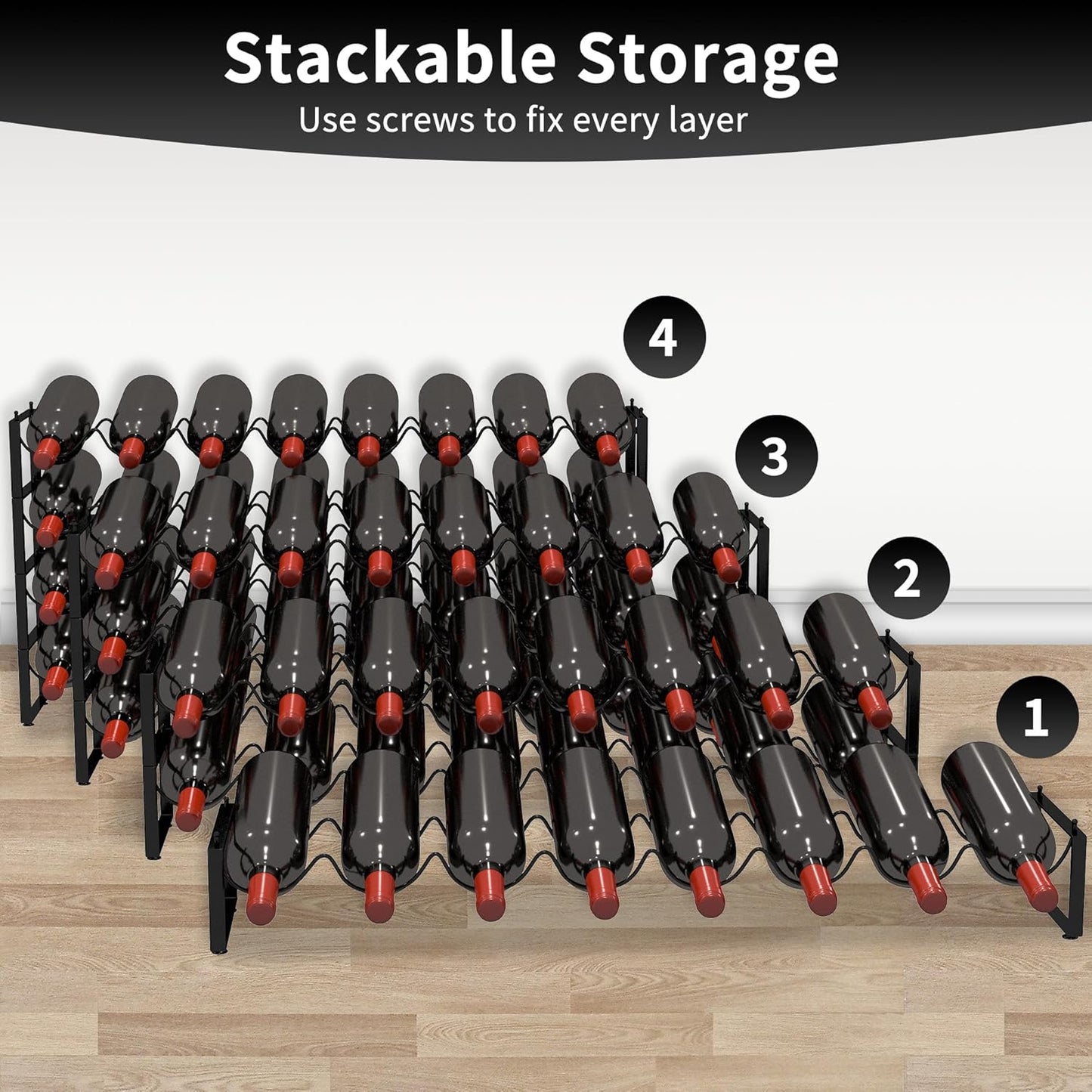 TONLEA 4 Tier Wine Rack, 32 Bottle Storage, Stackable Wine Rack for Cabinet Pantry (Dark Black)