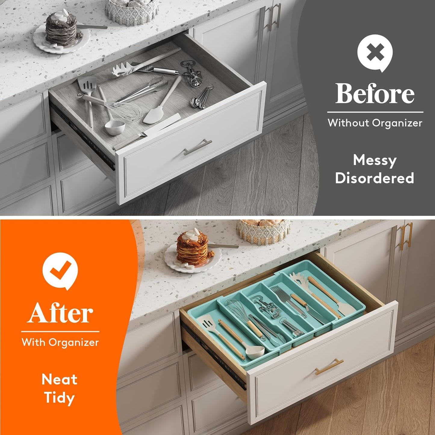 Lifewit Utensil Organizer for Kitchen Drawers, Expandable Cooking Utensil Tray, Adjustable Cutlery Silverware Flatware Holder, Plastic Spatula Tools and Gadgets Storage Divider, Large, Turquoise