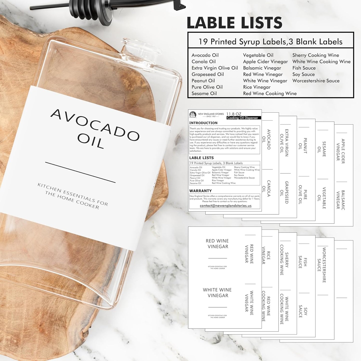 New England Stories Kitchen Cooking Oil Dispenser Set, Olive Oil and Vinegar Bottles, Soy Sauce Dispenser - 4 Pieces, Black, Durable & Stylish Design