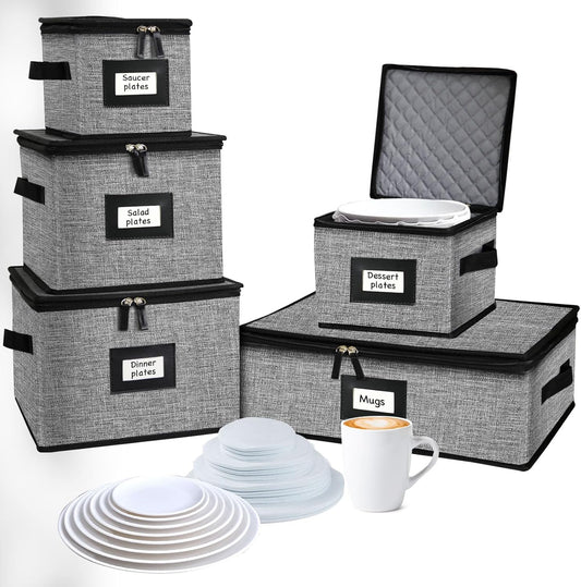 5 PACK China Storage Containers-Quilted Mug Storage and Moving Boxes for Dishes,Dish Packing Supplies for Moving,Dinnerware &Accessories,Holds a total of 48 plates (4 sizes) and 12 cups(Grey)