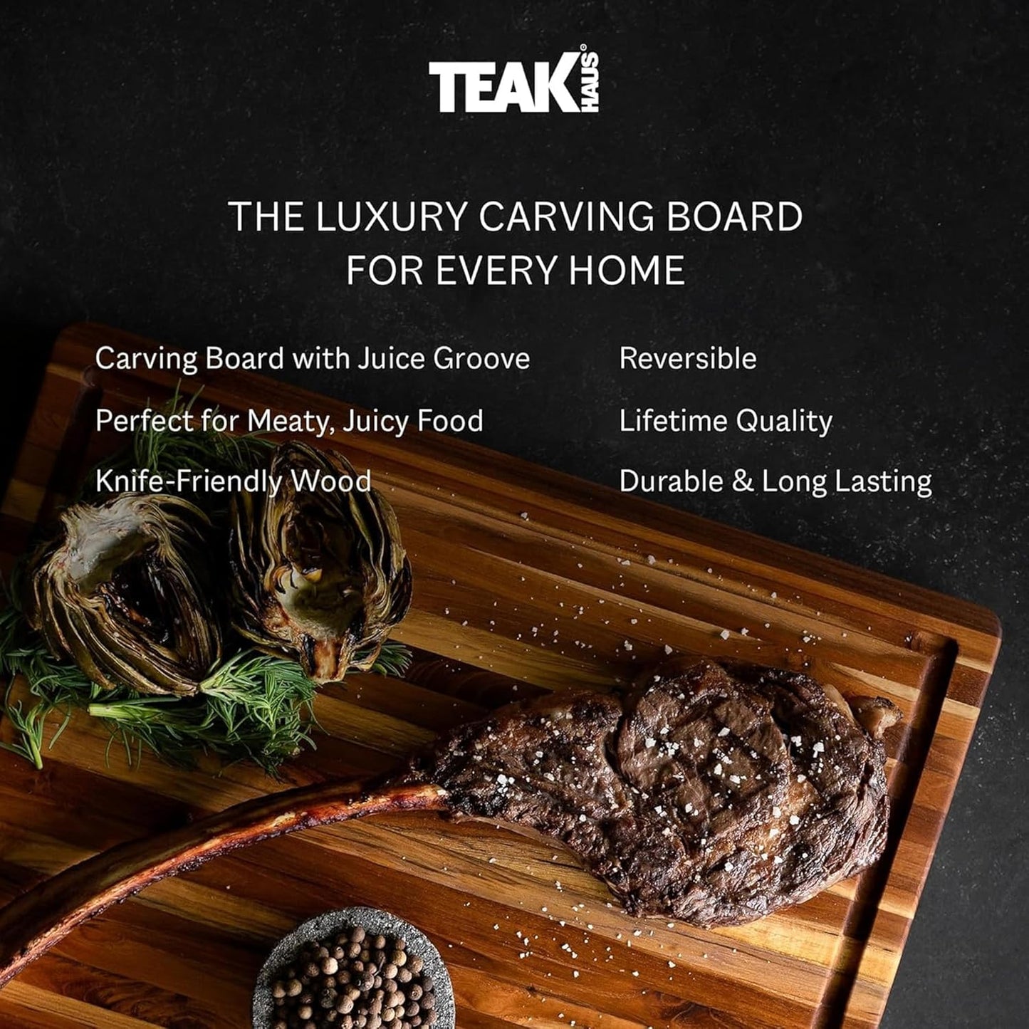Teakhaus Cutting Board - Small (S) Wood Cutting Board with Juice Groove and Grip Handles - 14”L x 10”W - Thin, Lightweight, Reversible Teak Edge Grain Wood - Knife Friendly - FSC Certified