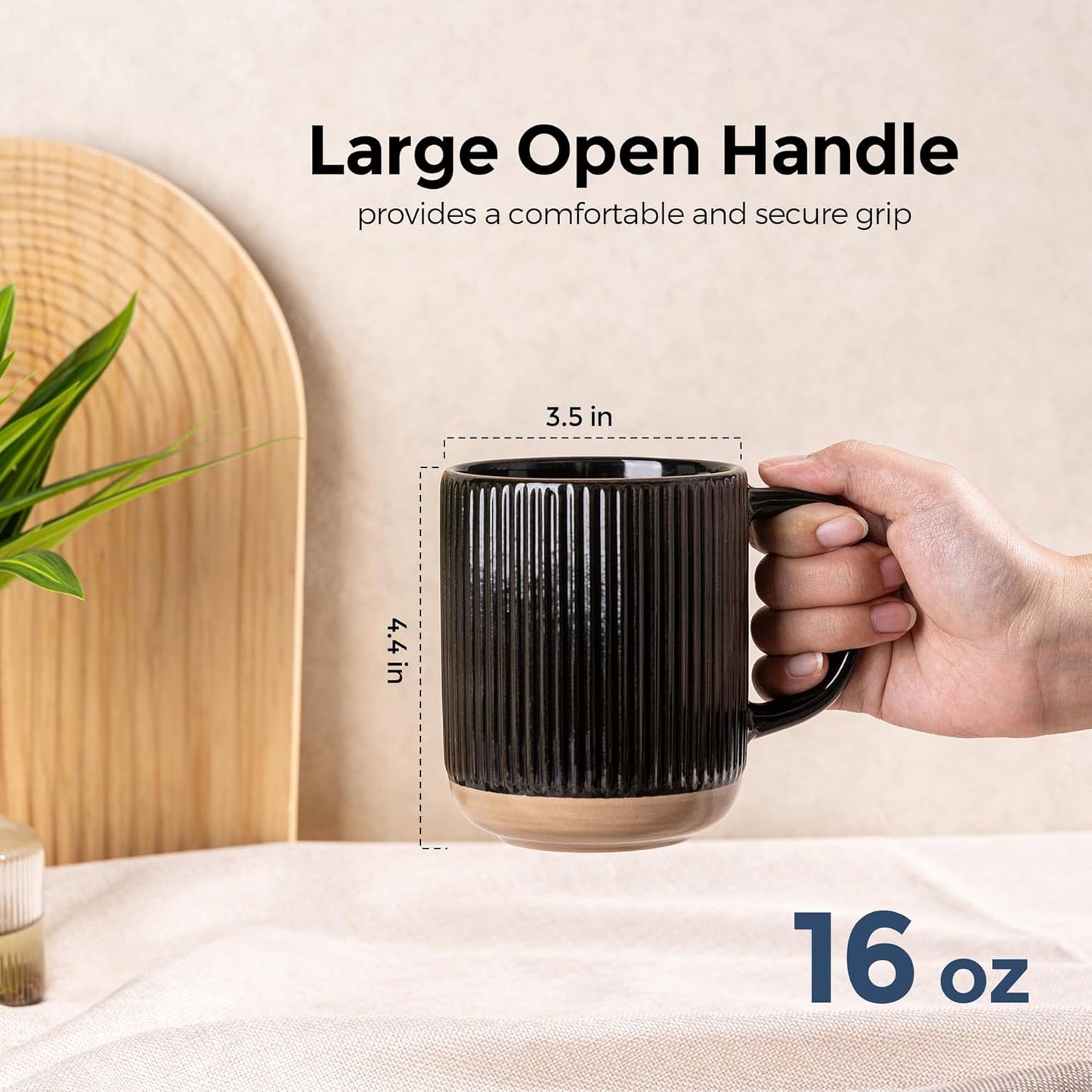 GBHOME Large Coffee Mugs Set of 4, 16oz Handmade Stoneware Coffee Mugs Set with Large Handle for Cappuccino/Latte/Tea/Hot Cocoa, Dishwasher & Microwave Safe, Black
