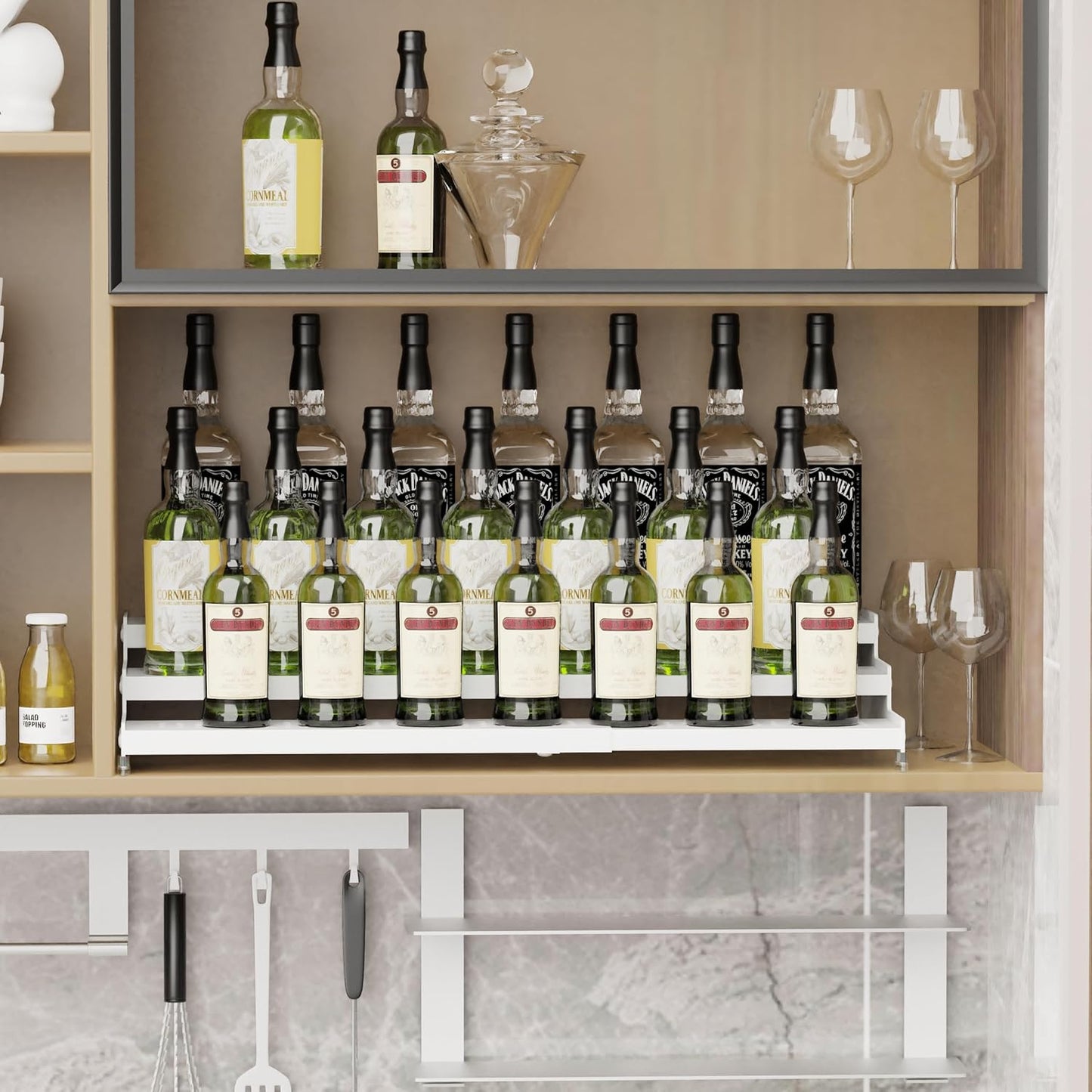 Expandable Spice Rack organizer with 3-Tier step shelf,Modern Design heavy duty,Non Skid and Visibility ,Great for Kitchen Cabinet,Bathroom,dressing table,Cupboard, Pantry and more(2PACKS/WHITE)