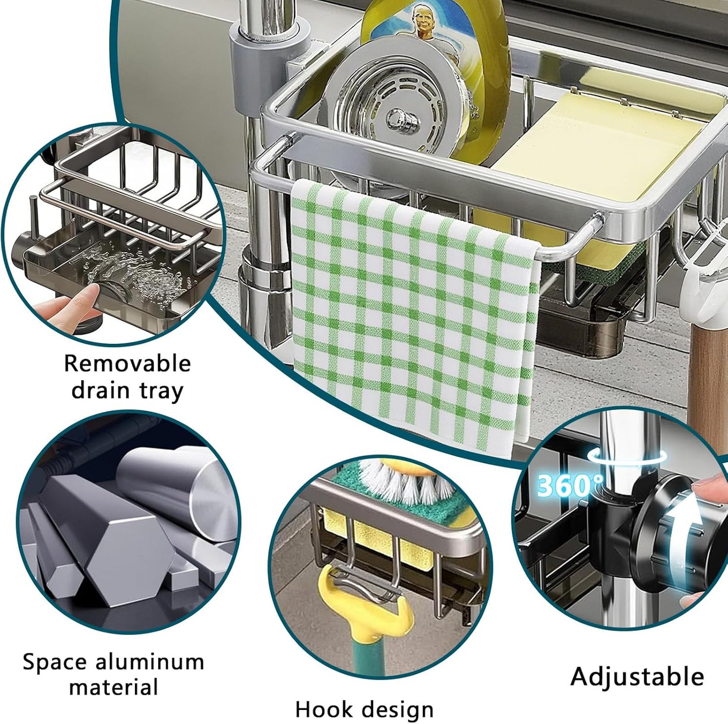 Kitchen Sink Faucet Organizer Rack – Over Faucet Sponge Holder for Kitchen & Bathroom, Aluminum Caddy for Dish Soap, Brush, Cloth, Rustproof Sink Accessories (Right Grey)