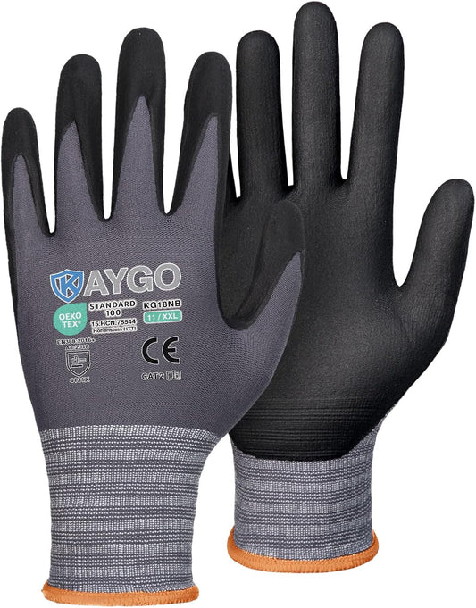 KAYGO Safety Work Gloves MicroFoam Nitrile Coated, 3 Pairs KG18NB,Seamless Knit Nylon Glove for Men and Women, Ideal for Automotive,Warehouse,Construction (2X-Large,Gray)