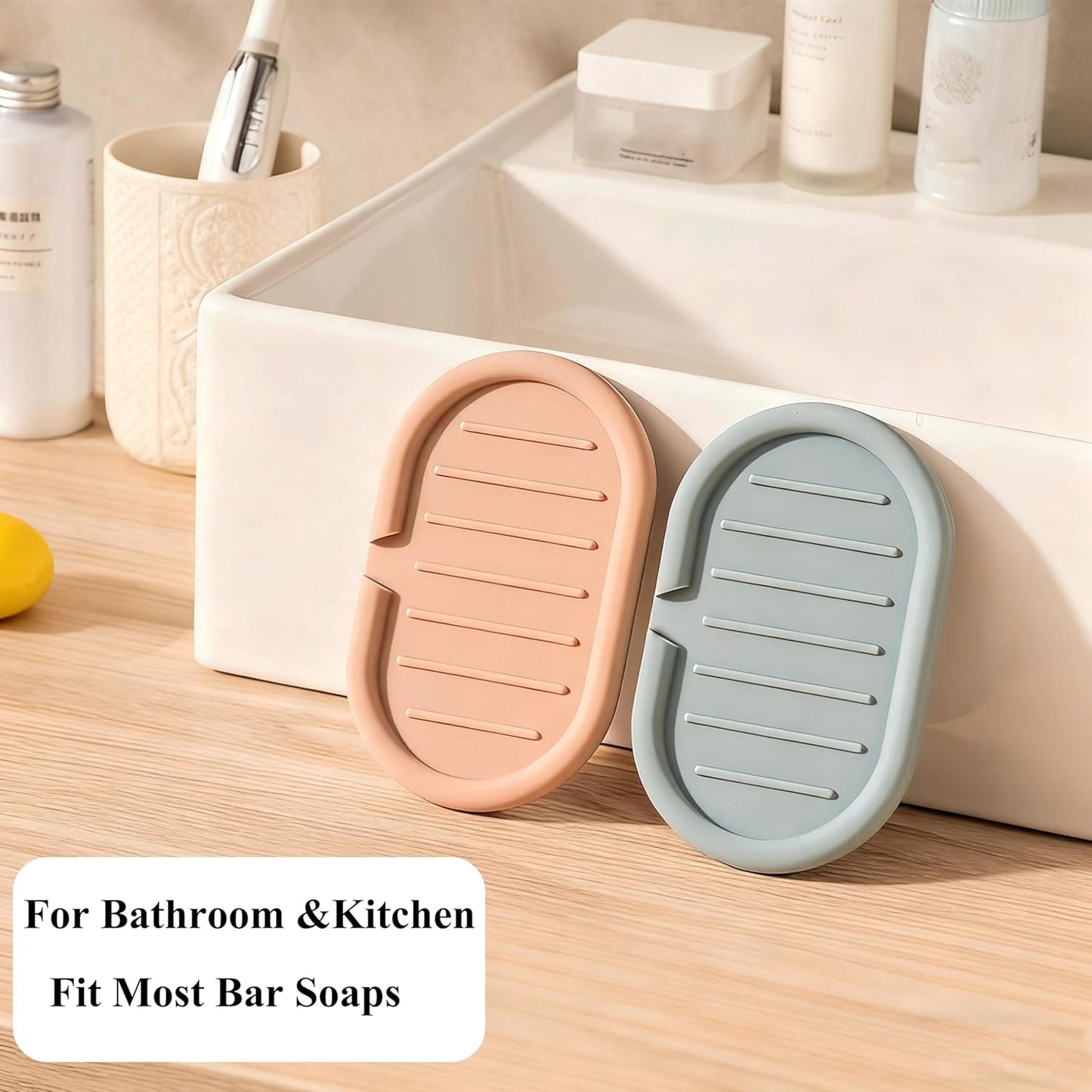 Self-Draining Oval-Shaped Silicone Soap Dish, Soap Holder/Tray/Saver for Shower, Bathroom, Kitchen, Keep Soap Dry, Easy to Clean (2, Light Color)