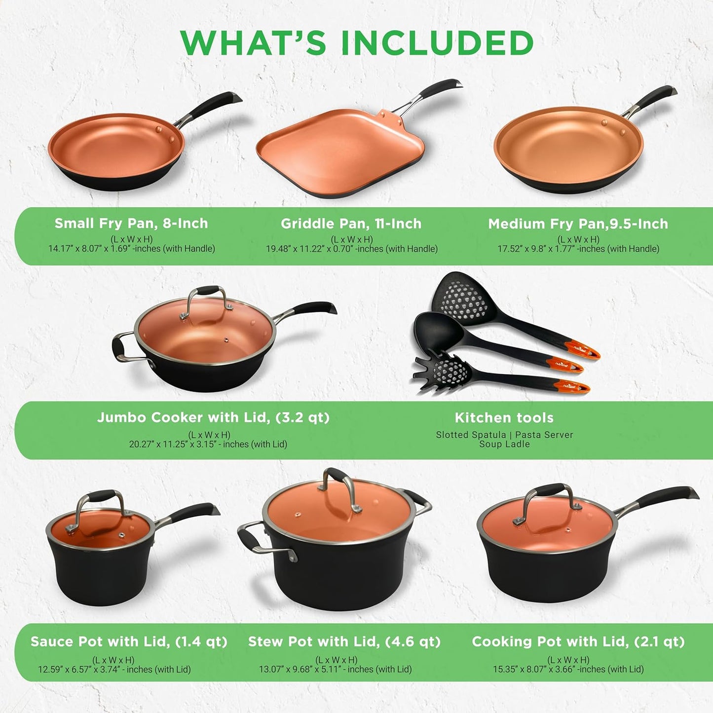 NutriChef 14-Piece Nonstick Kitchen Cookware Set – PFOA/PFOS-Free, Copper/Hard-Anodized, Induction Compatible, Stackable, Luxury Design, Includes Pots, Pans, Jumbo Cooker, Griddle, and Utensils