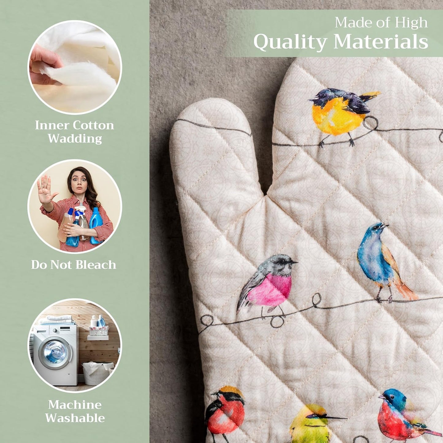 Maison d'Hermine Oven Gloves 100% Cotton Oven Mitt 7" x 13" with Loop Heat Resistant, BBQ, Cooking Gloves, Baking, Grilling, Kitchen, Handling Hot Pans Spring/Summer (Pack of 1, Birdies On Wire)