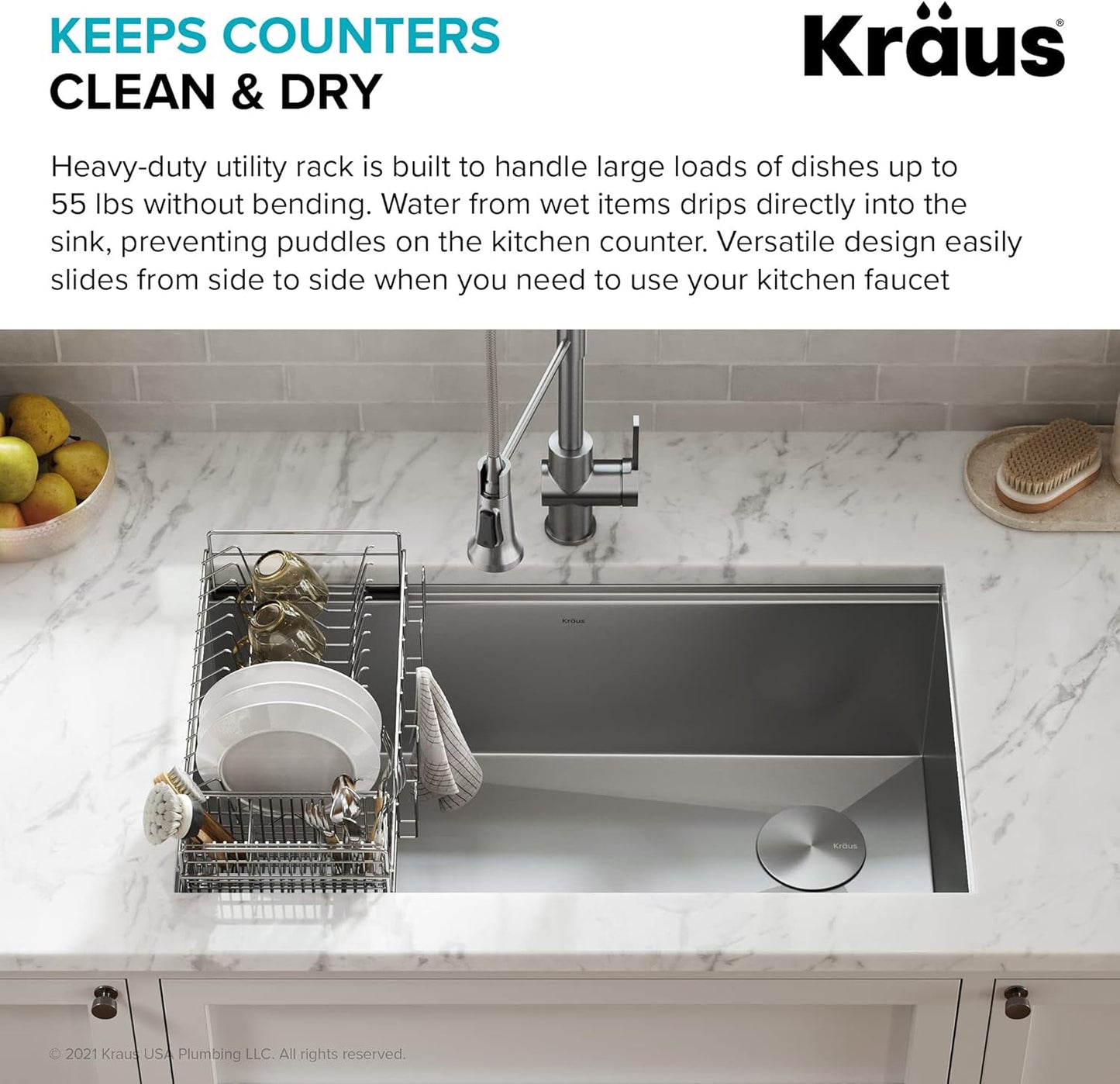 Kraus Workstation Kitchen Sink Dish Drying Rack Drainer and Utensil Holder, 17" L x 9" W, Stainless Steel, KDR-3