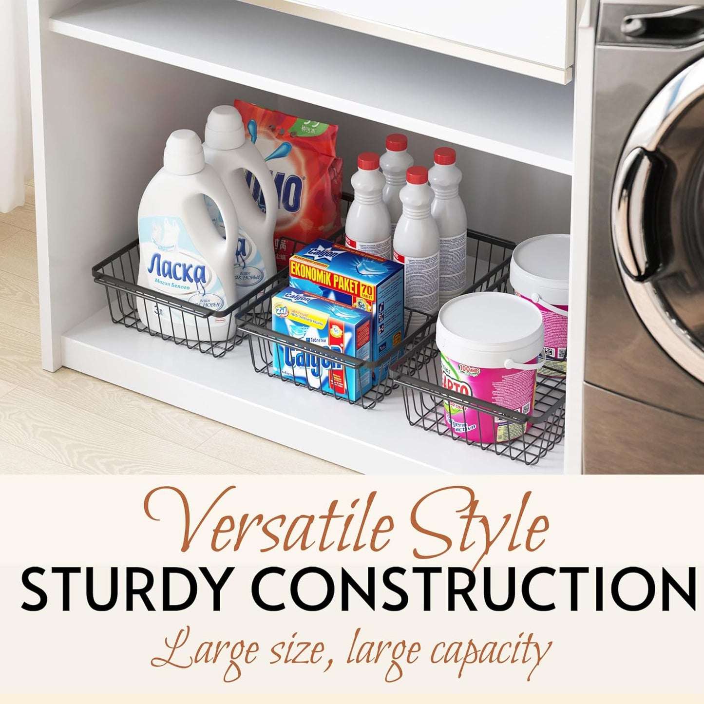 【2 PACK】Wire Baskets for Organizing,14-Inch Metal Basket Movable Partition,Wire Baskets for Pantry&Kitchen, bathroom, cabinets, tabletop, etc