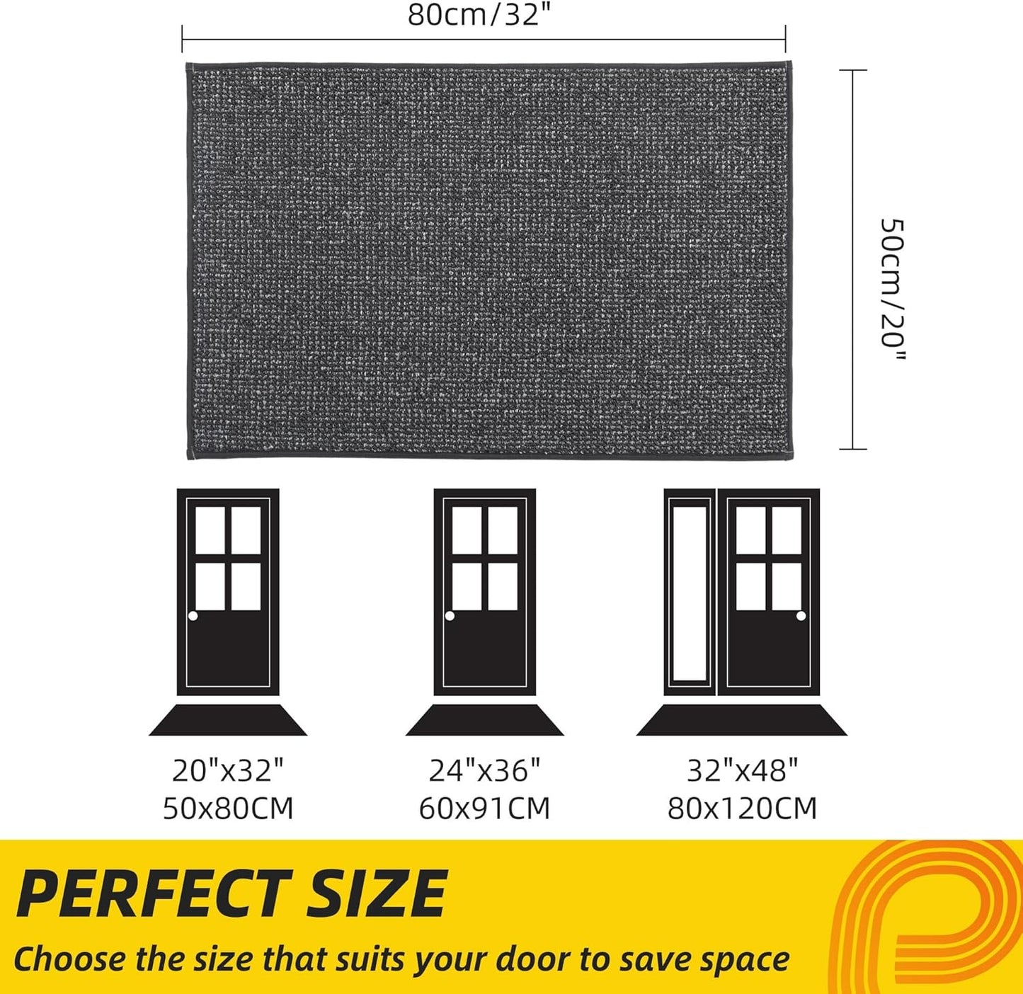 JSEI Dirt Trapper Door Mat 20"x32" Non-Slip Washable Entrance Mat, Dog Doormats, Absorbent & Fade-Resistant Floor Mats, Low Profile Welcome Mats for Entryway, Front Door, and Inside Entrance,Dark Grey