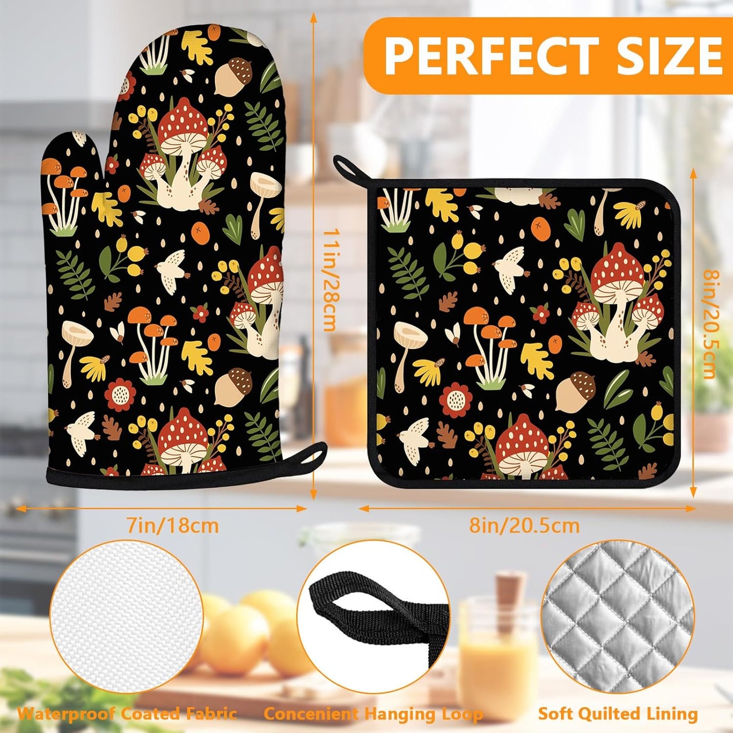Mushroom Oven Mitts and Pot Holders Sets 4Pcs,Extra Long Oven Gloves Potholder for Kitchen Cooking Baking BBQ 100% Cotton Heat Resistant
