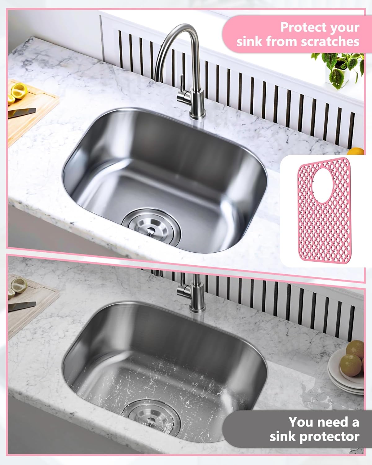 2 Pack Silicone Sink Protectors for Kitchen Sink, Lozenge Pattern 13 x 11 Inches Sink Mat, Non-Slip and Durable Sink Protector Silicone, Rear Drain, Pink