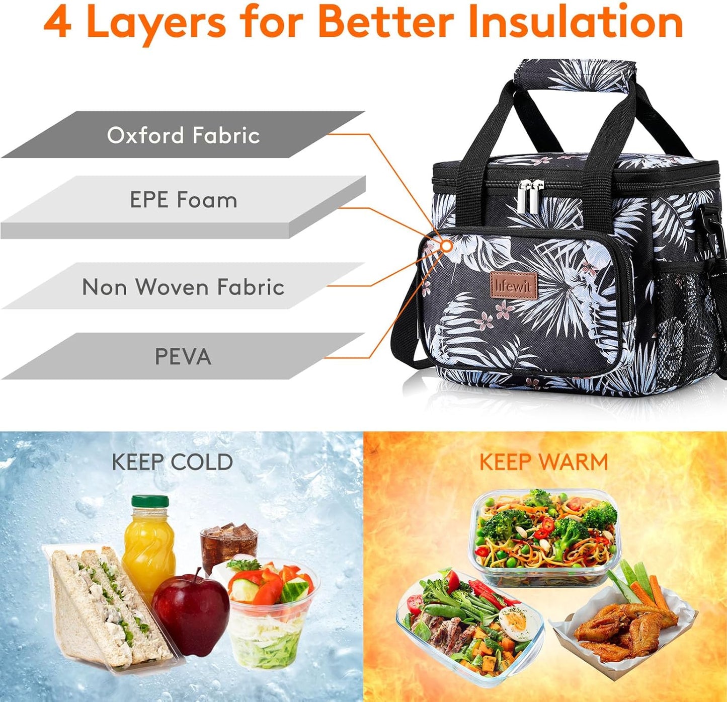 Lifewit Medium Lunch Bag Insulated Lunch Box Soft Cooler Cooling Tote for Adult Men Women, Flower 12-Can (9L)