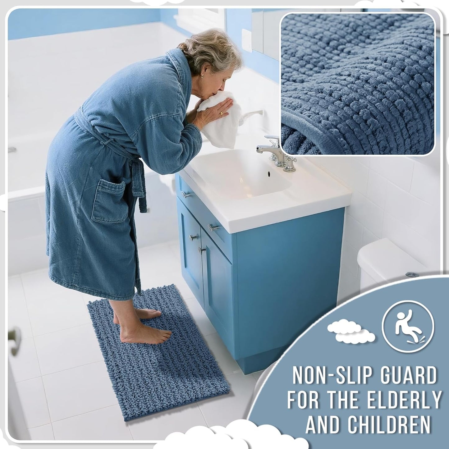 Yimobra Long Bathroom Rugs Non Slip Washable 44x24 Inch - Ultra Soft Absorbent Chenille Bath Mat, Quick Dry Shaggy Floor Carpet for Tub Shower, Denim Blue Home Decor Accessories