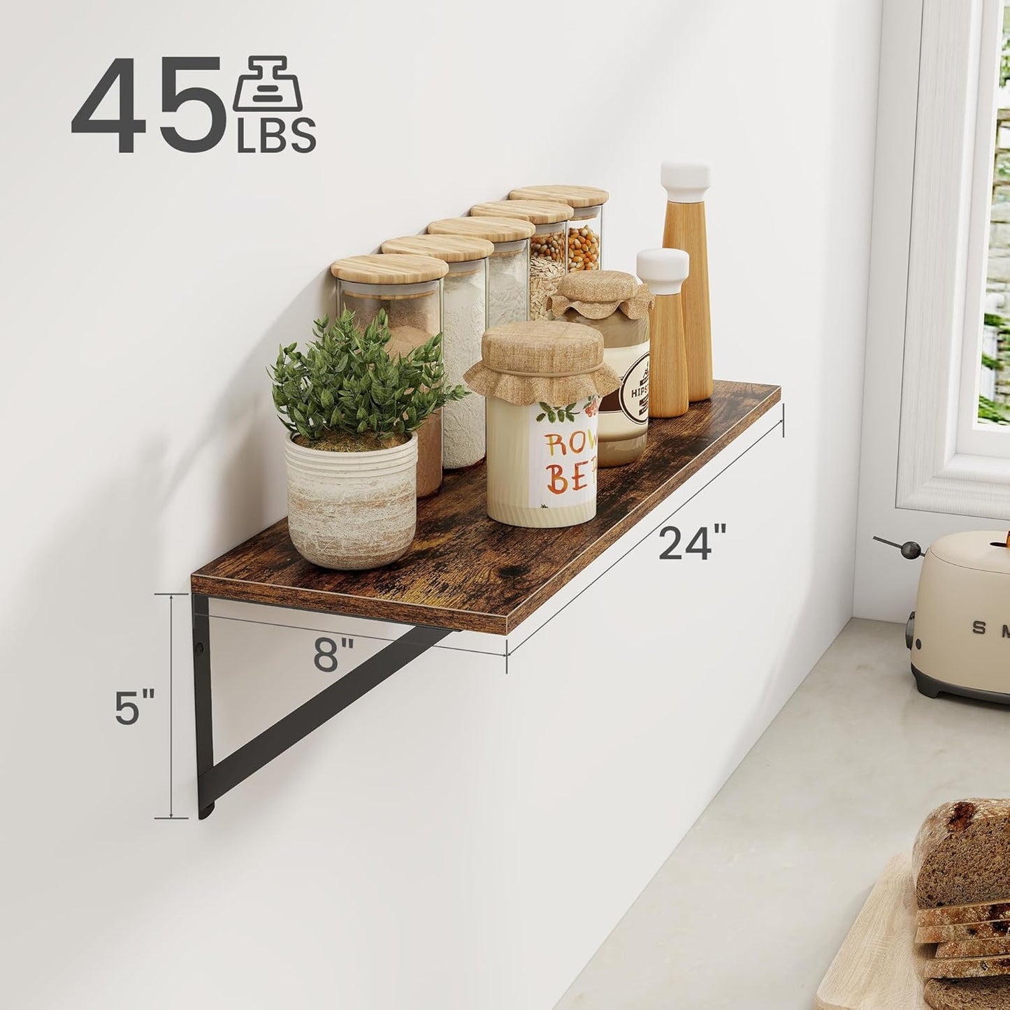 Heimlove Deep Floating Shelves for Wall, 24W x 8D Wood Wall Shelves Set of 2, Wide Floating Bookshelf for Living Room, Kitchen, Office, Bedroom and Decor Storage, with Metal Bracket - Rustic Brown