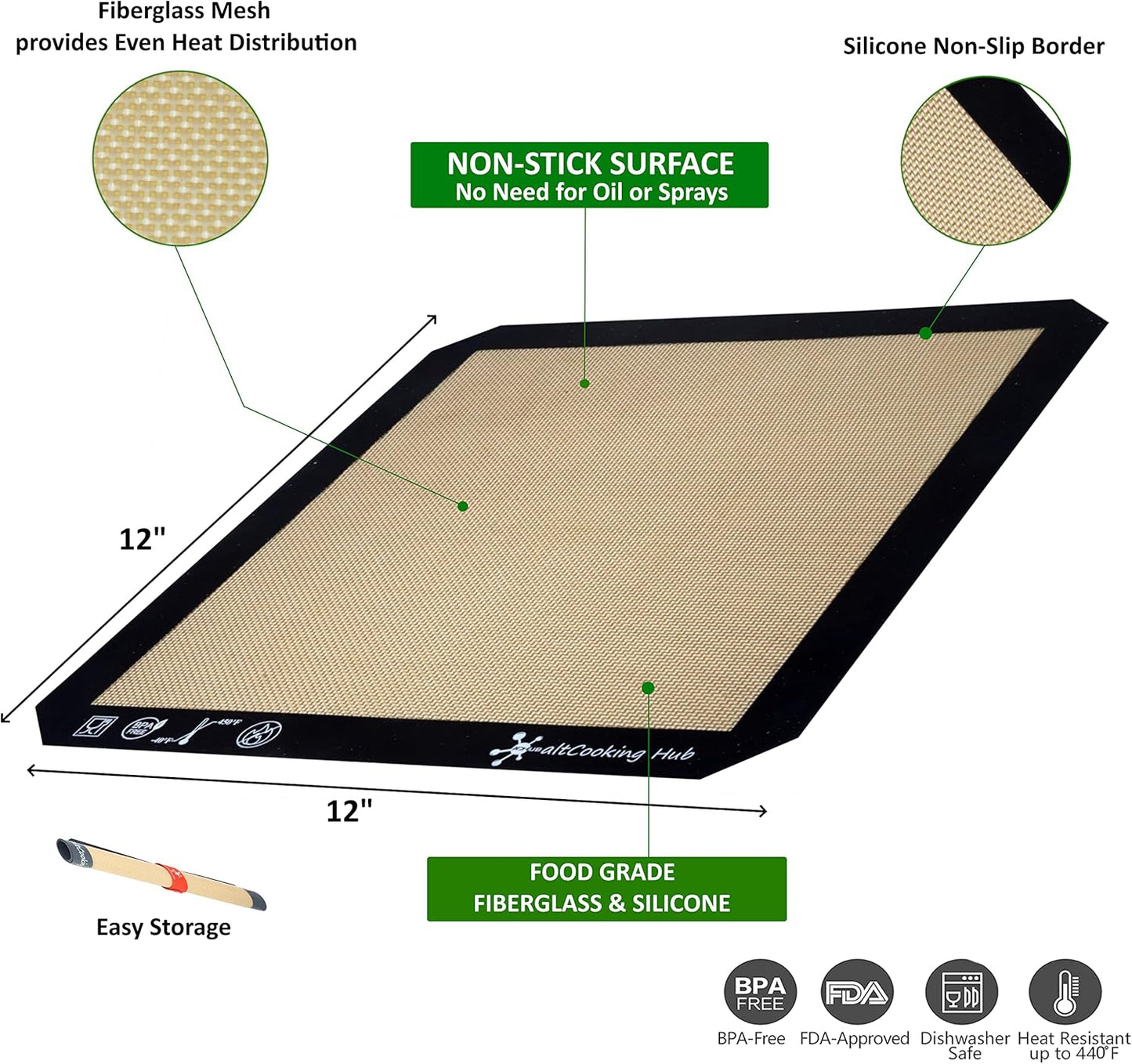 Silicone Roasting Mat and Silicone Baking Mat Combo for Air Fryer Oven - Set of 3 Food Safe, Non-Stick Baking Mat and Silicone Roasting Racks with Bonus Non-Stick Oven Liner
