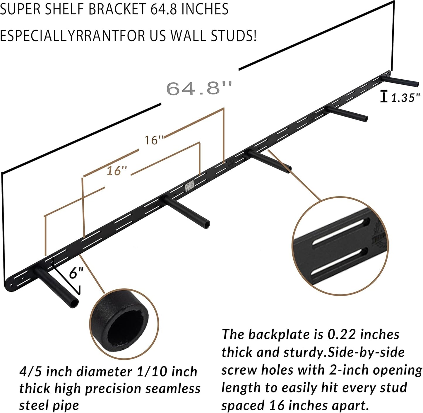 Rustic Floating Shelves 72 inch Long 8 "deep Set of 2, Heavy Duty Wood Wall Mounted Shelves for Bathroom Living Room Kitchen,Book Shelves with Thickened Hidden Bracket- Black