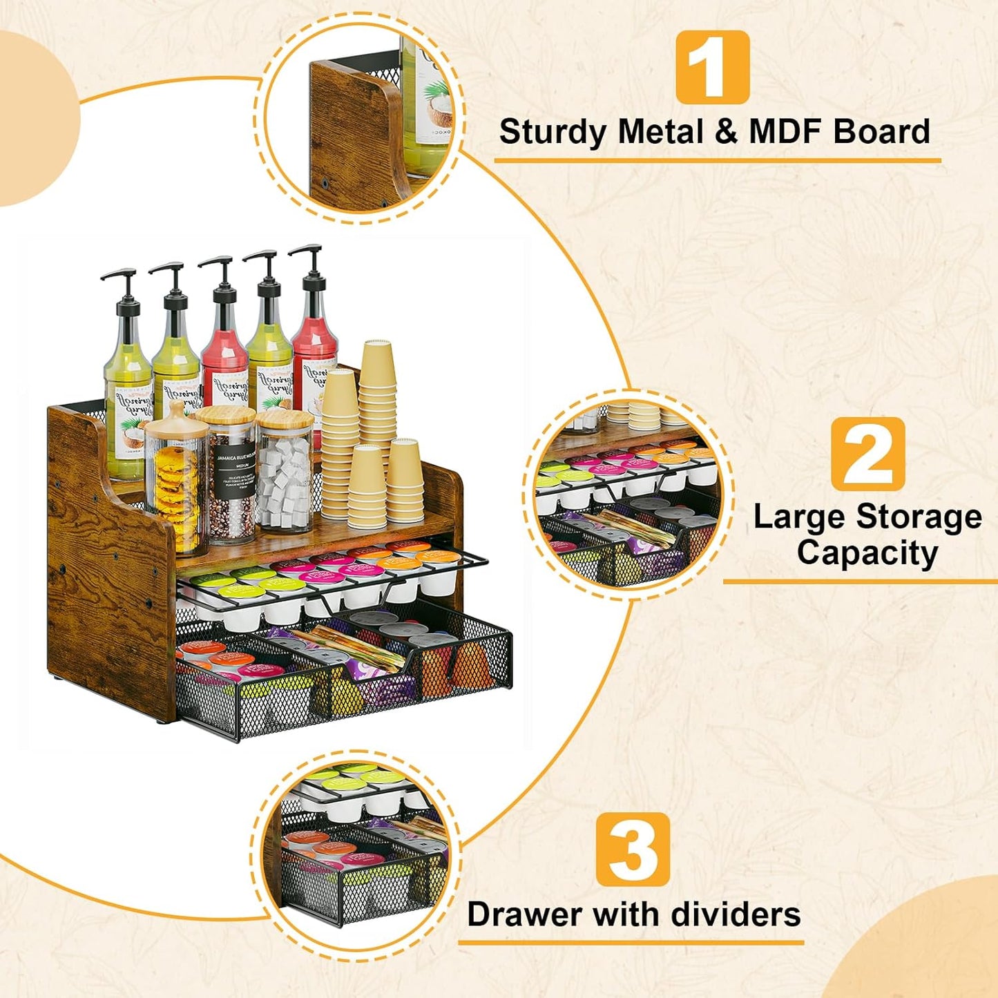Coffee Pod Holder with Drawer & Dividers, 4-Tier Wood K Cup Organizer for Countertop, Coffee Bar Organizer Storage Box, Coffee Station Organizer for Kitchen Coffee Station