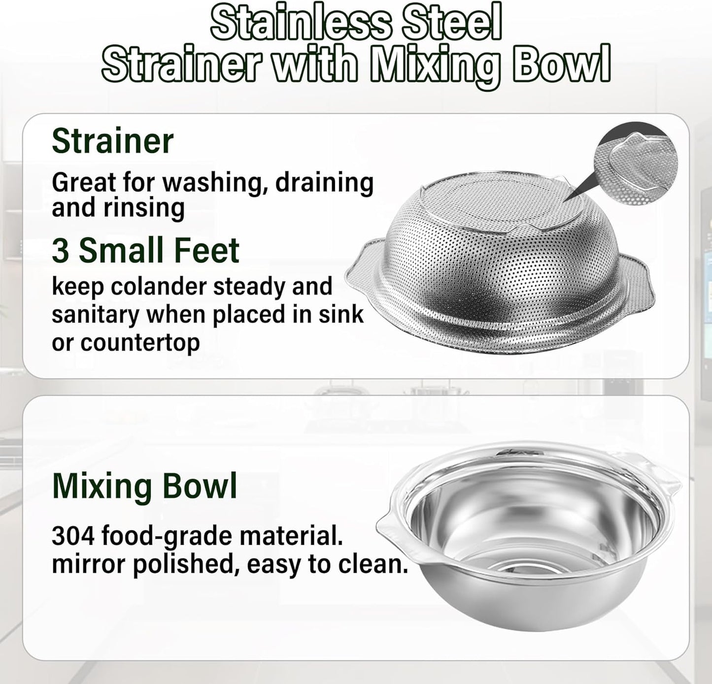 Stainless Steel Colander for Kitchen, 2.5QT Rice Washer Strainer with Mixing Bowl, Colander Bowl Set with Microporous for Washing Rice, Pasta, Spaghetti, Fruits, Dishwasher Safe(2PC)