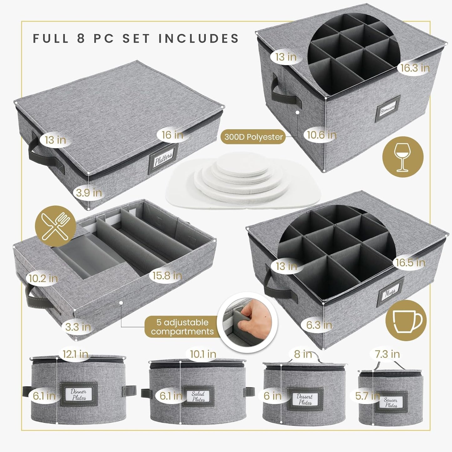 HOMELUX THEORY Platter Storage, Light Gray Hard Shell China Storage Containers With 5 FeltPads, Kitchen Storage Bins With Lids, Heavy Duty Moving Box for Packing Dishes, Dinner Plate,& Dinnerware