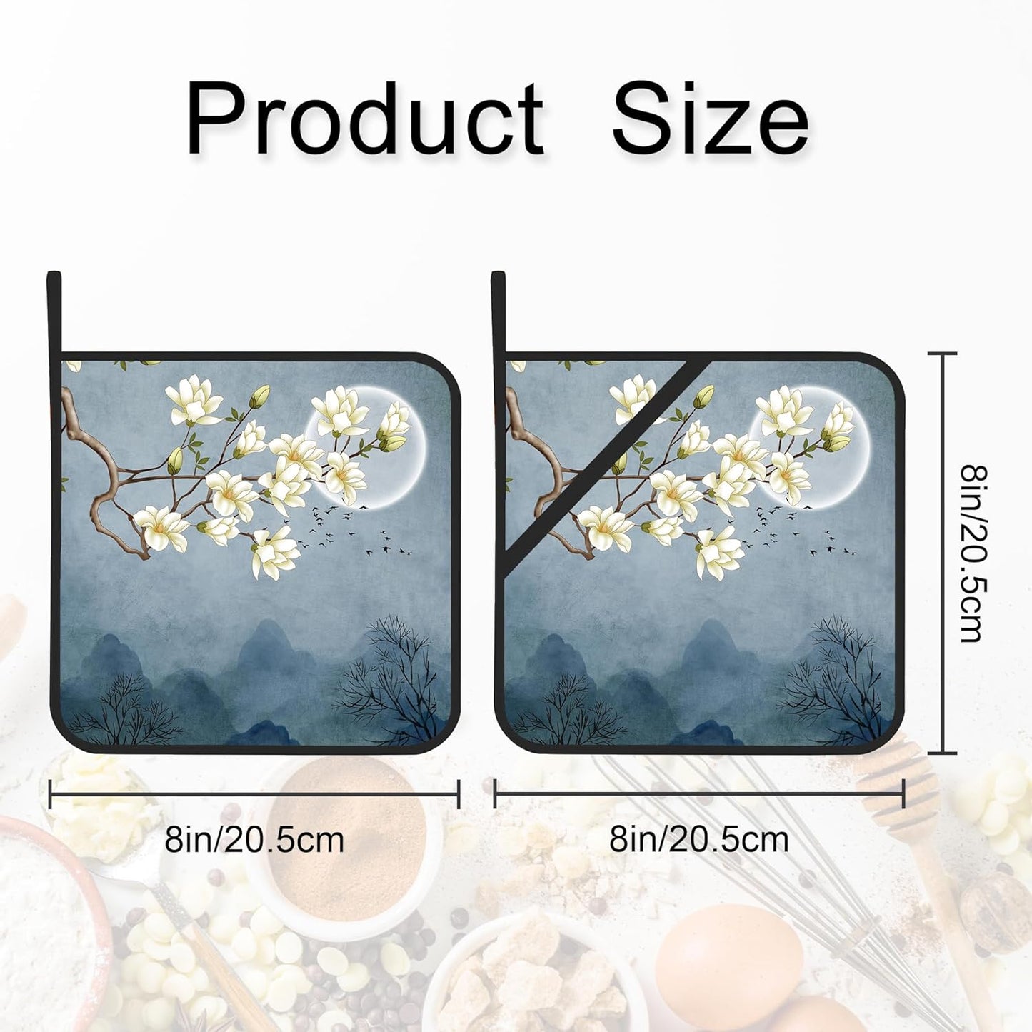 Pot Holder Set of 2,Moon Blossom Japanese Style Kitchen Heat Resistant Potholder for BBQ Cooking Baking,Food Hot Pat for Women Men Kitchen Wear