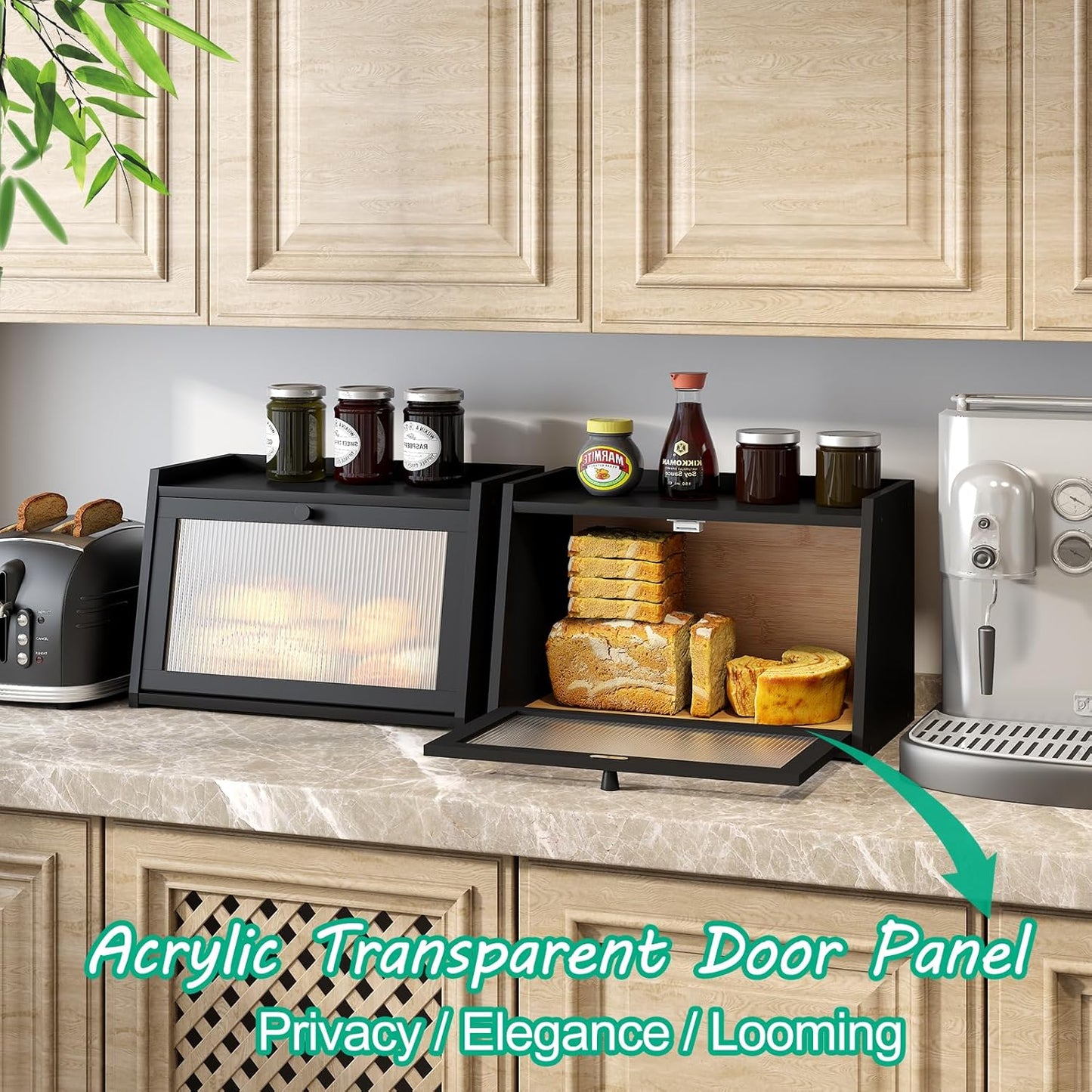 Bread Box for Kitchen Counter, Large Bamboo Bread Storage Container with Wavy Arcylic Door, Bamboo Wooden Farmhouse Bread Box for Your House (Black, Medium)