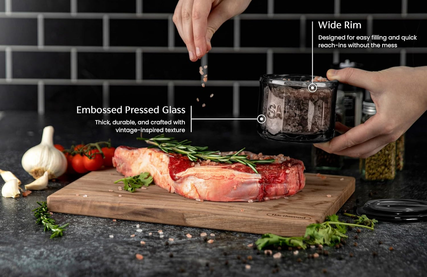 KooK Glass Salt Cellar, with Lid, Embossed Pressed Glass, Clear Storage Container, for Coffee, Sugar, Spices and Candies, 10 oz (Black)