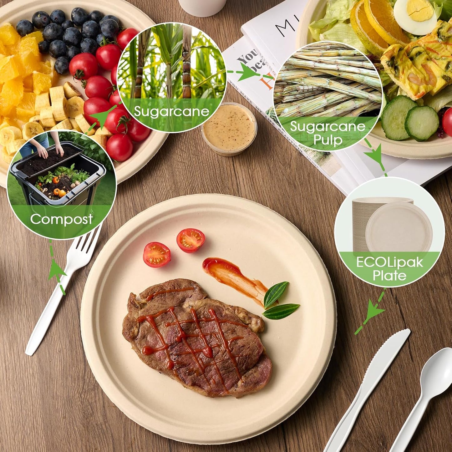 ECOLipak Paper Plates 10 Inch, 150 Pack Compostable Heavy Duty Disposable Biodegradable Sugarcane Bagasse Eco Friendly Paper Plates for Party Dinner