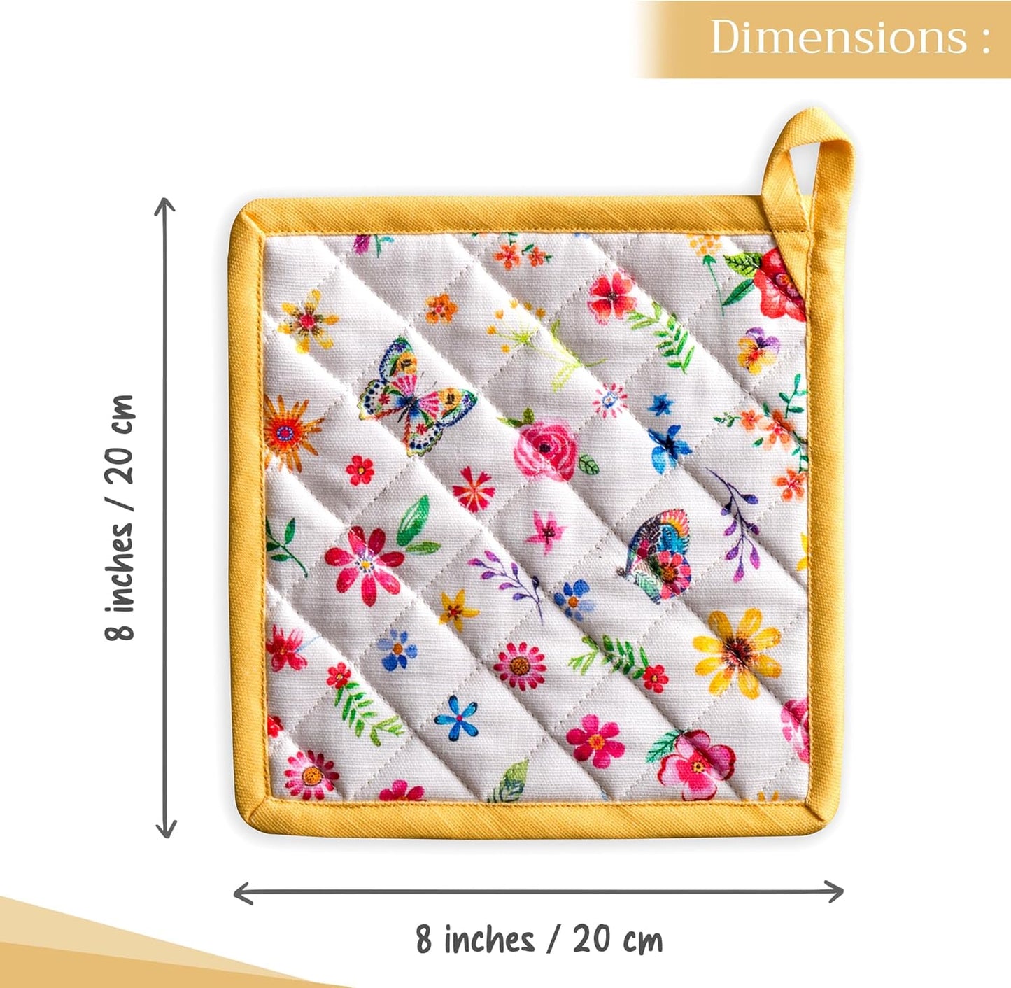 Maison d' Hermine Pot Holders 100% Cotton Heat Resistant Potholders 8" x 8" Hot Pads with Loop BBQ, Cooking, Grilling, Kitchen, Handling Hot Pans Spring/Summer (Pack of 1, Happy Florals - Sweety)
