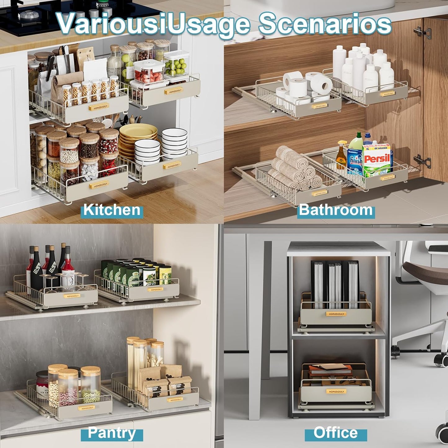 Under Sink Organizer - Under Sink Organizers and Storage Shelves, Multi-Use Kitchen and Bathroom Pull Out Cabinet Organizer with Sliding Drawers, Bathroom Cabinet Organizer, Gray