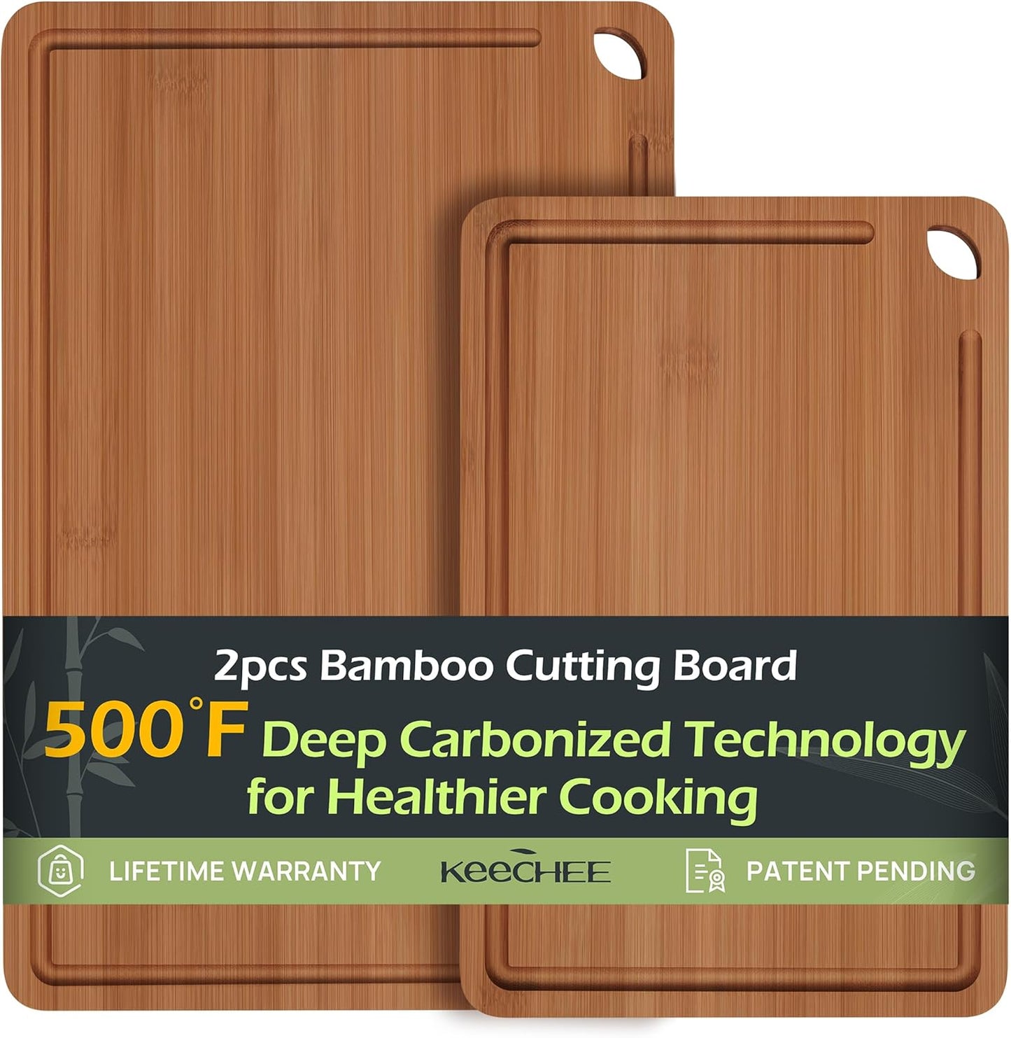 Butcher Block 2-Pcs Carbonized Bamboo Cutting Board Set With Juice Groove For Meal Prep & Cheese Serving - Ideal Kitchen Gift Set of 2 (M+L)