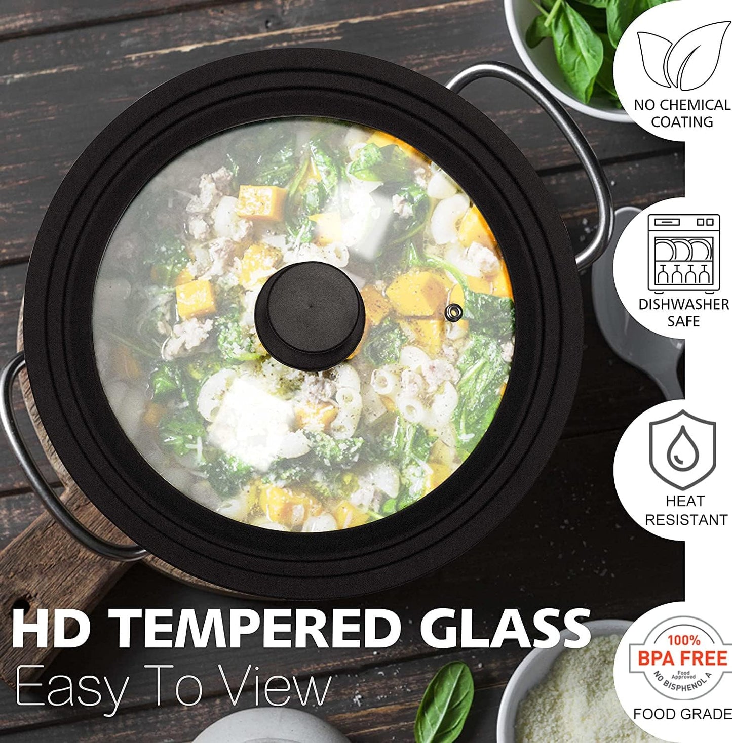 Anaeat Silicone Universal Lid for Pots, Pans and Skillets - Tempered Glass Covered with Heat Resistant Silicone Rim Fits 9.5", 10" and 11" Diameter Cookware -Easy to Use Replacement Frying Pan Cover