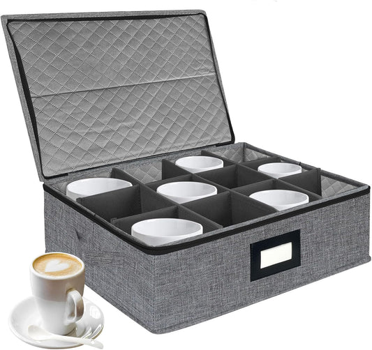 VERONLY Mug and Cup Storage Box with Dividers, Coffee Mug Storage Case China Storage Containers Hard Shell with Lid and Handles, Stackable for 12 Coffee Mugs, Tea Cups, Moving & Packing (Dark Grey)