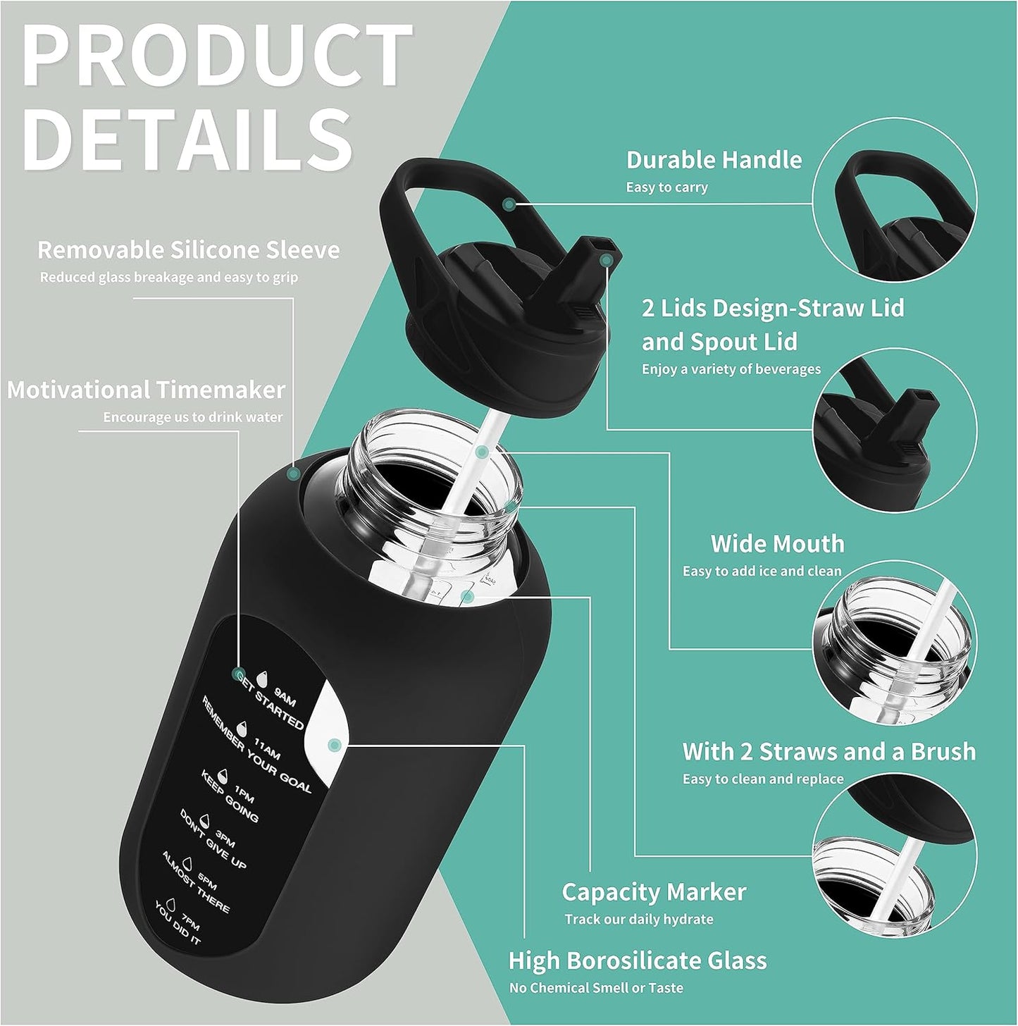 CIVAGO 64 oz Glass Water Bottle Jug with Straw and Handle, Half Gallon Sports Motivational Water Bottle with Time Marker, Wide Mouth Flask Canteen with Silicone Sleeve for Gym, Lavender