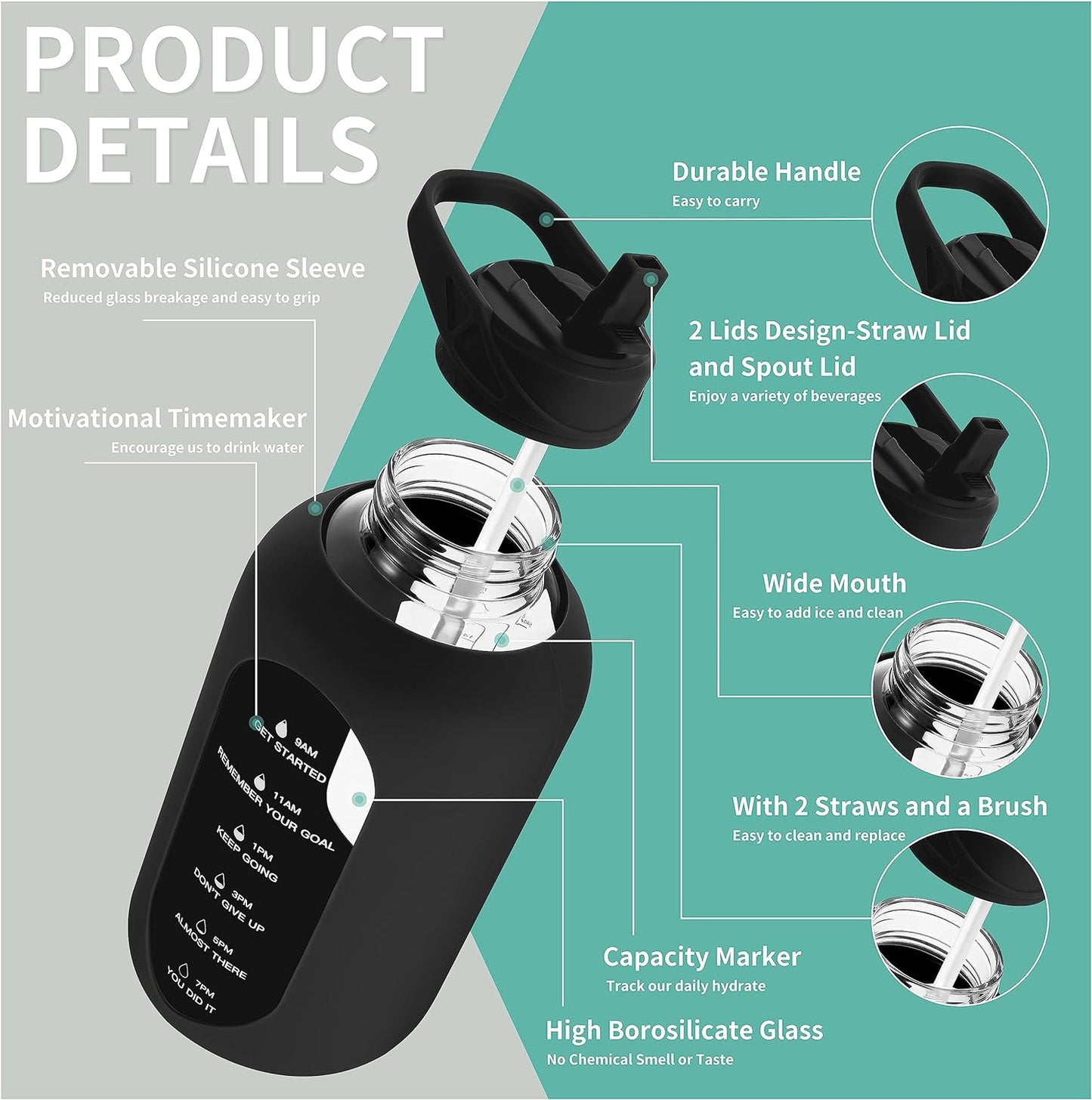 CIVAGO 64 oz Glass Water Bottle Jug with Straw and Handle, Half Gallon Sports Motivational Water Bottle with Time Marker, Wide Mouth Flask Canteen with Silicone Sleeve for Gym, Blush