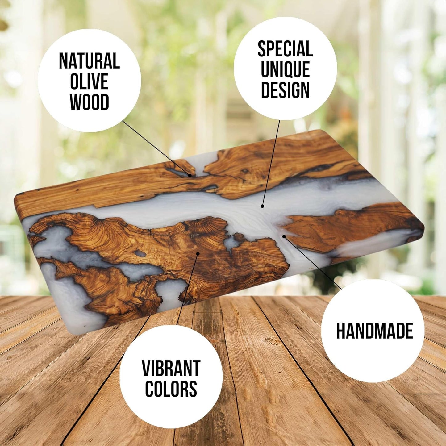 Handmade Charcuterie & Cutting Board - Decorative, Olive Wood Boards for Serving Cheese, Fruit, Meat - Ideal Kitchen, Unique Housewarming Gift - White Resin