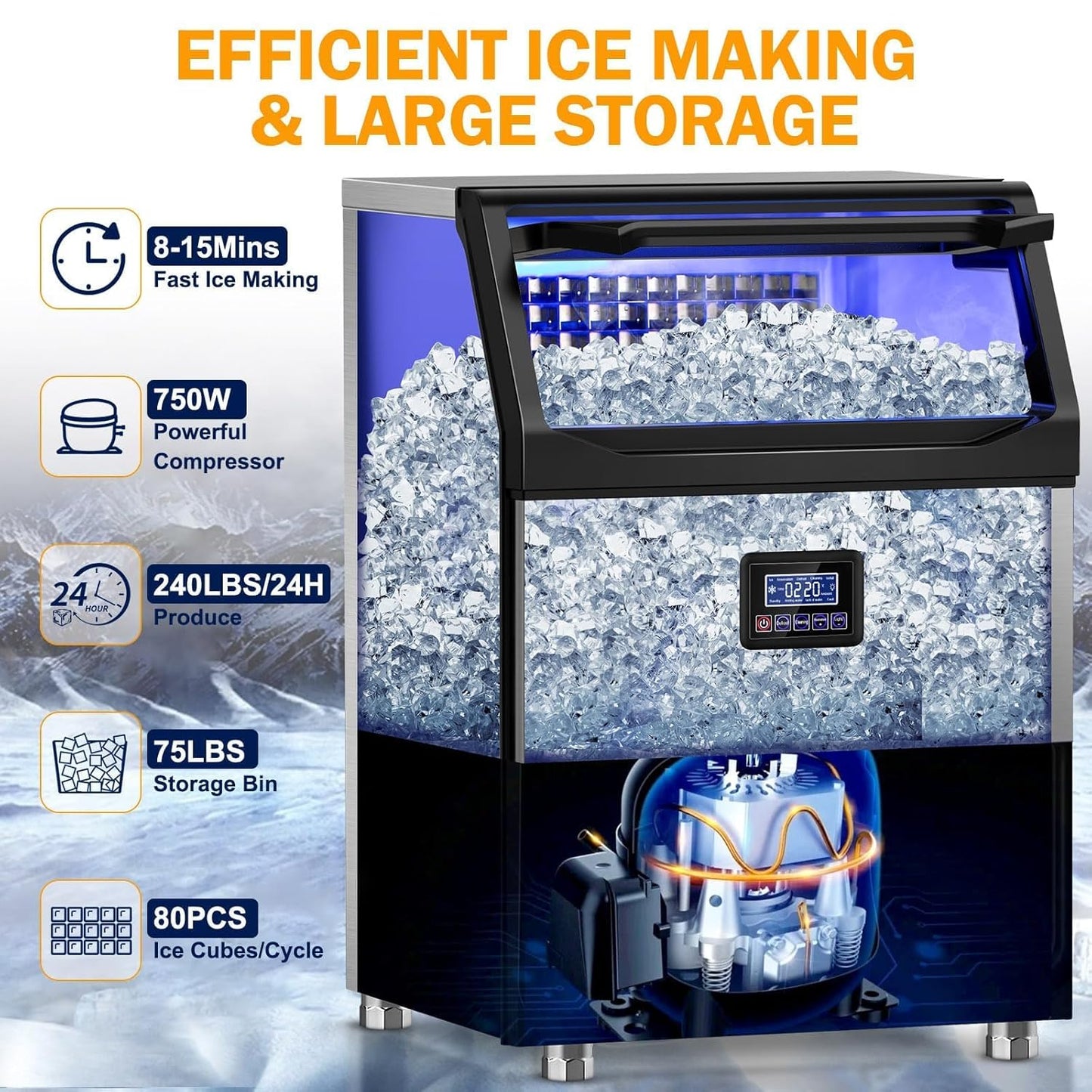 Ice Maker Machine Commercial, 240Lbs/24H with 75Lbs Storage Bin, 80Pcs Ice Cubes 8Mins, Freestanding Large Ice Machine with Water Filter and Ice Scoop for Restaurant Bar Home Office