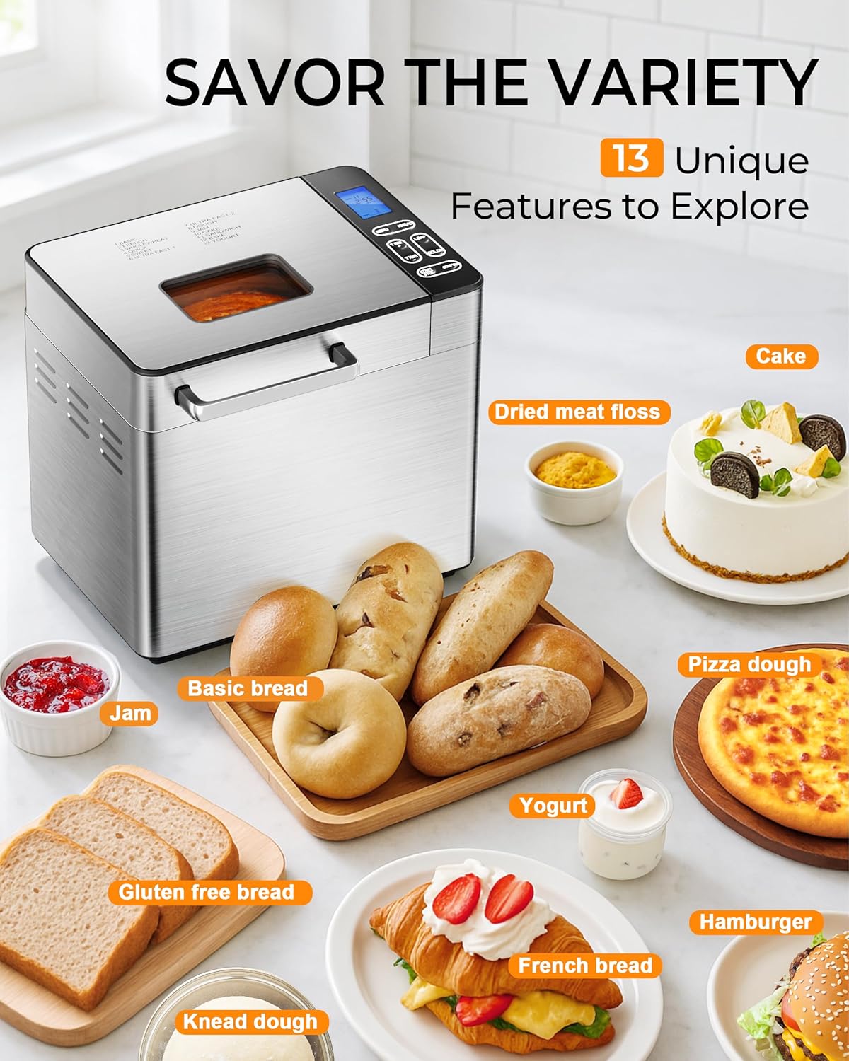 EUHOMY Bread Maker Machine 13 Program 2LB Bread Maker, Bread Machine with 3 Loaf Sizes and 3 Crust Colors, Breadmaker with Fruit & Nut Dispenser,Ideal for Family Gifts, Gluten Free