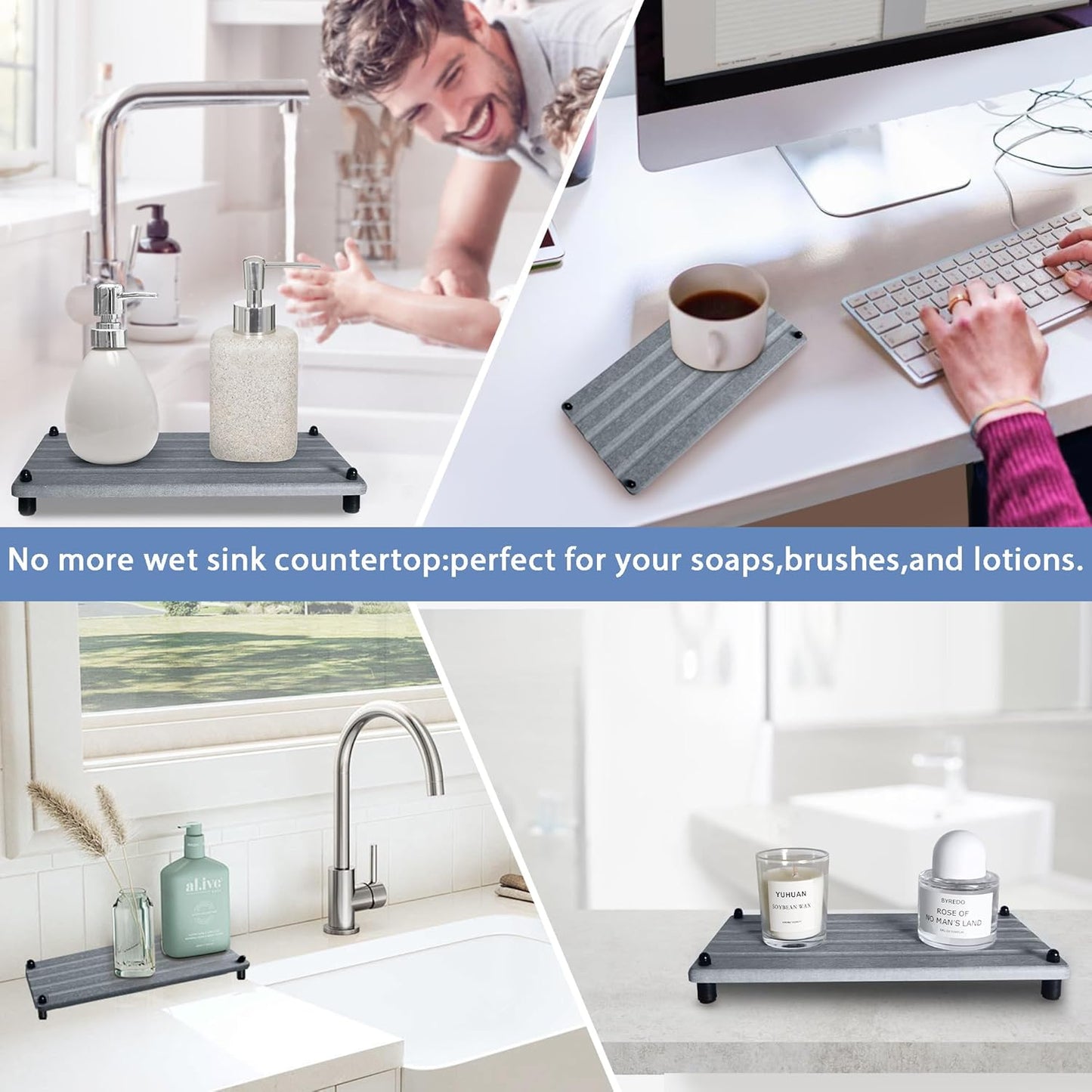 2 PCS Water Absorbing Stone Trays for Bathroom Counter, Fast-Drying Faucet Mat for Kitchen Sink, Diatomite Sink Caddy, Hand Soap Holder with Anti-Skid Feet(11" x 4.7" Gray)