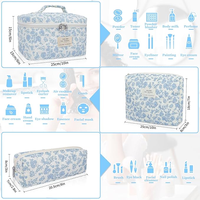 Makeup Bag, Large Quilted Cosmetic Bag, Big Floral Make Up Bag for Women Girls, Cute Cotton Makeup Bag Set, Flower Travel Toiletry Organizer Bag