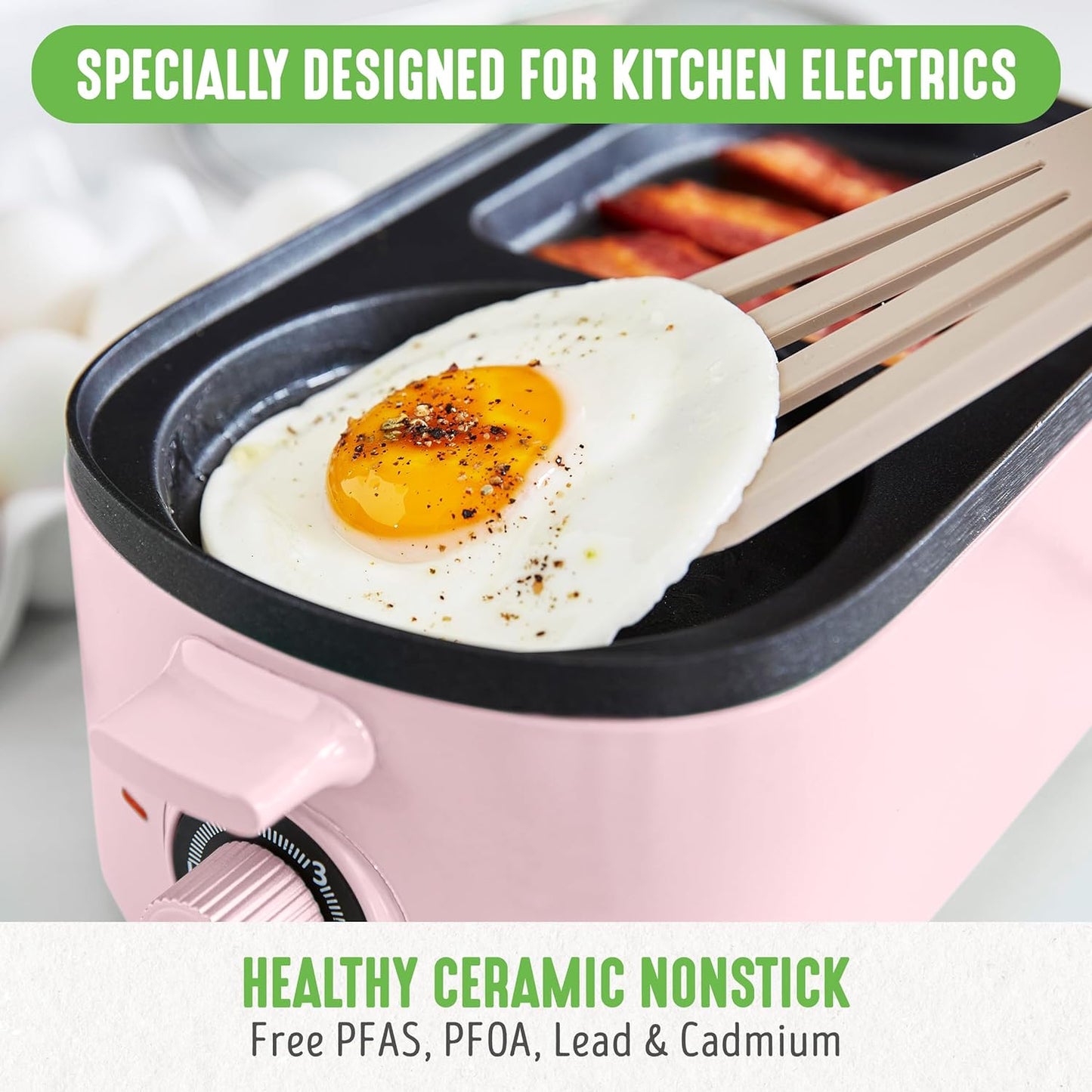 GreenLife 3-in-1 Breakfast Maker Station, Healthy Ceramic Nonstick Dual Griddles for Eggs Meat Sausage Bacon Pancakes and Breakfast Sandwiches, 2 Slice Toast Drawer, Easy-to-use Timer, Pink
