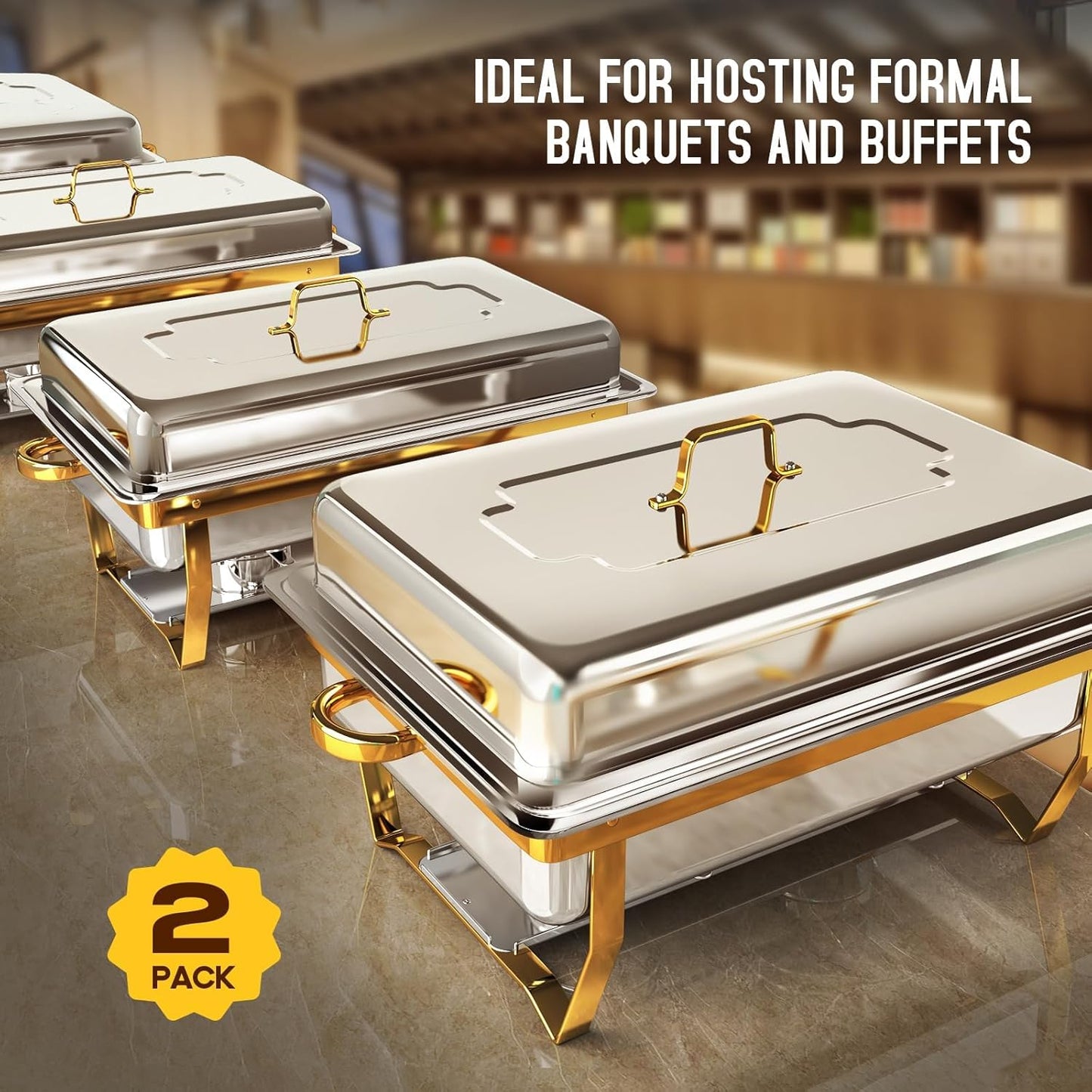 Chafing Dishes for Buffet 2 Pack, [Elegant Gold and Silver] Stainless Steel Chafing Dish Buffet Set, 9QT No-Finger Cut Roll Edge Chafers and Buffet Warmers Sets for Party (Gold 1/2 Panx2)