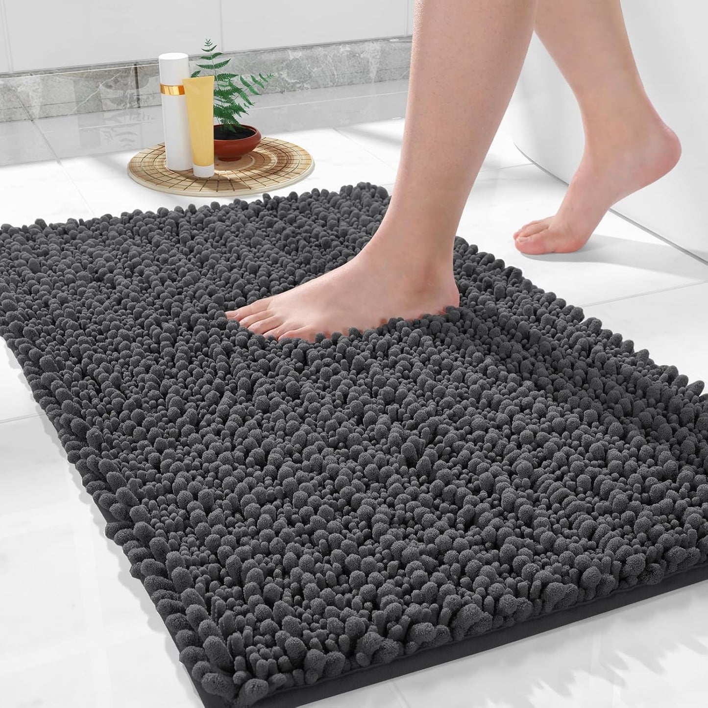Yimobra Bathroom Rugs Non Slip Washable 24x17 Inch - Ultra Soft Absorbent Chenille Bath Mat, Quick Dry Shaggy Floor Carpet for Tub Shower, Dark Gray Home Decor Accessories