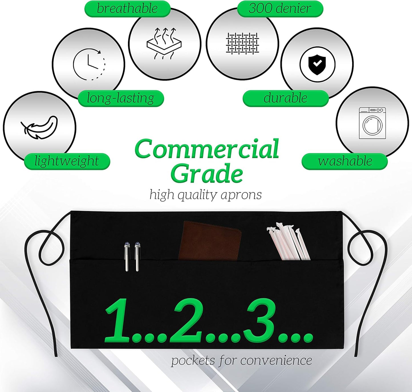 GREEN LIFESTYLE 3 Pack Server Aprons with 3 Pockets - Waist Apron, Waitress Apron for Women and Man, Water Resistant with Long Waist Strap Reinforced Seams, Half Apron (Black)