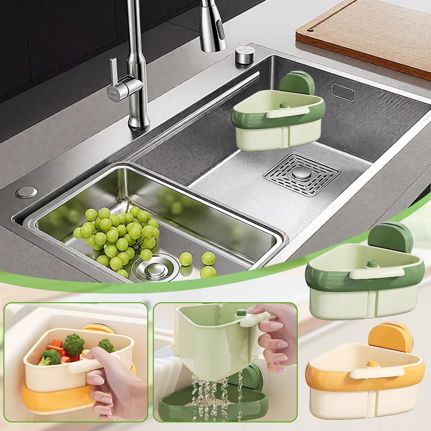 Suction Cup Sink Corner Rack, 2025 New Upgraded Suction Cup Press Triangular Drainer Basket, Automatic Dumping Sink Strainer Basket, Hanging Corner Sink Trash Catcher for Kitchen Food Waste (Green)