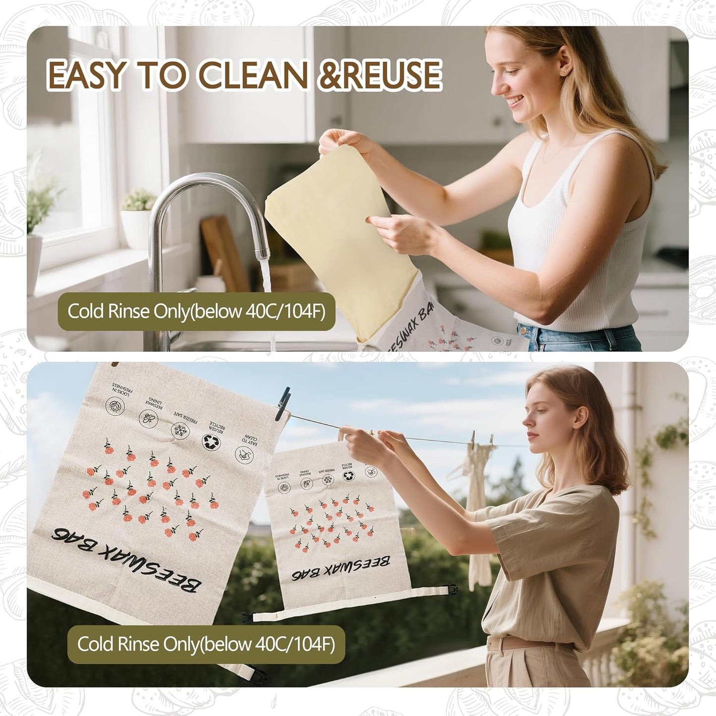 3-Pack Reusable Beeswax Bread Bags for Homemade Bread Sourdough, 2 Natural Beeswax 100% Linen Moisture-proof Lined Storage Bags with Buckle& 1 Bowl Covers –Easy to Clean,Safe,Keeps Bakes Fresh Longer