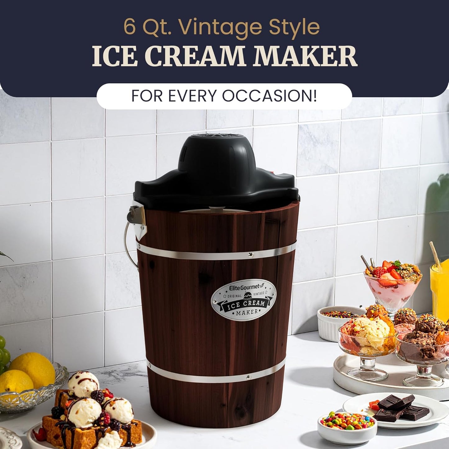 Elite Gourmet EIM949 Old Fashioned 6 Quart Vintage Walnut Wood Bucket, Electric Ice Cream Maker Machine Appalachian, Uses Ice and Rock Salt