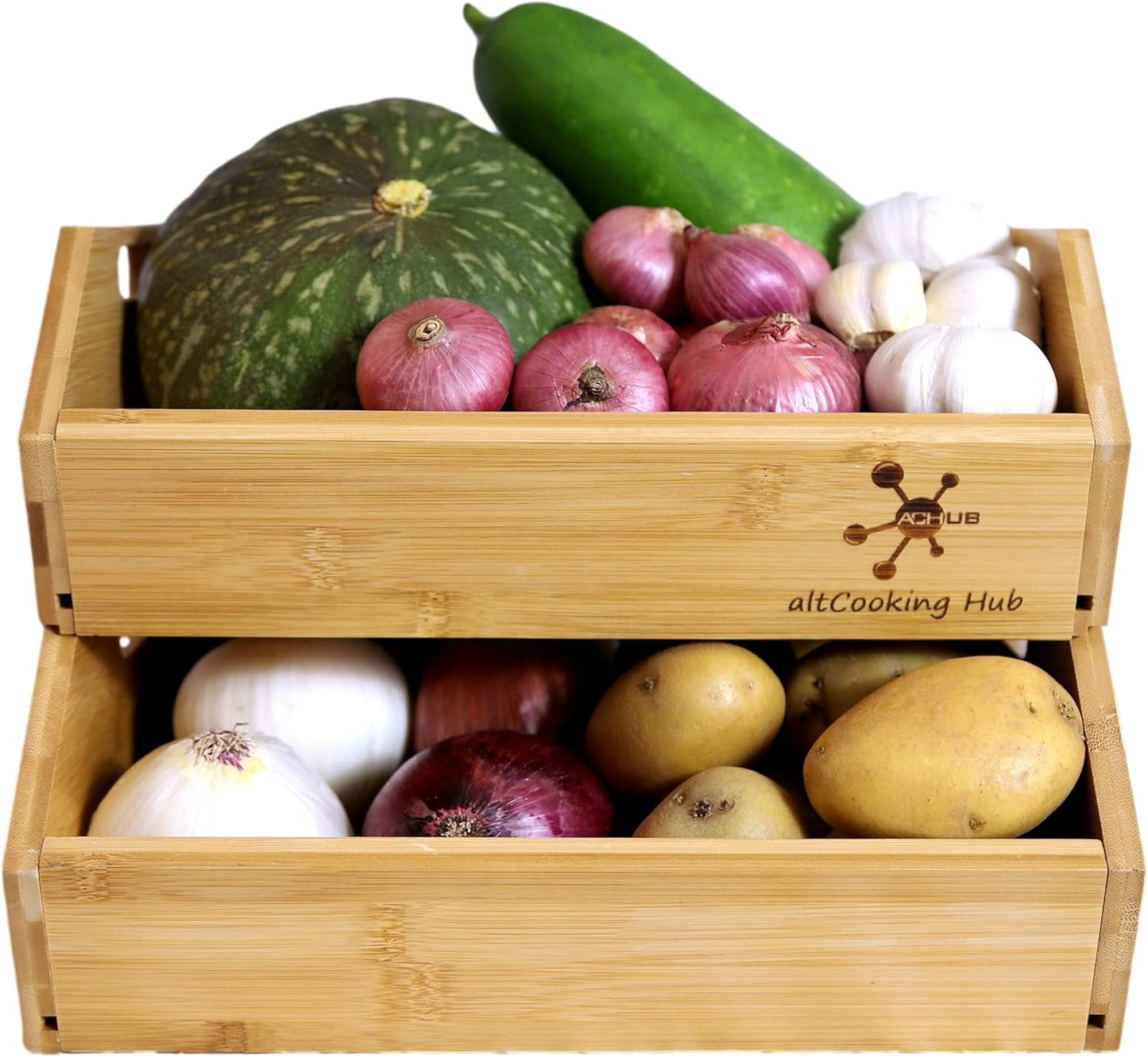 Bamboo Storage Bin - Multipurpose Open Front Stacking Bins for Kitchen & Pantry - Configurable as 2 Tier Bamboo Fruit Basket on Countertop – Ideal for Vegetables, Potato and Onion Storage Bin