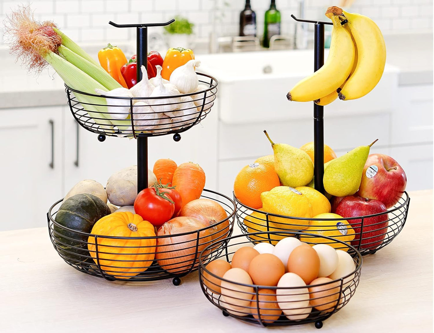 CAXXA 2 Tier Fruit Basket Bowl Kitchen Heavy Duty Wire Organizer, Black